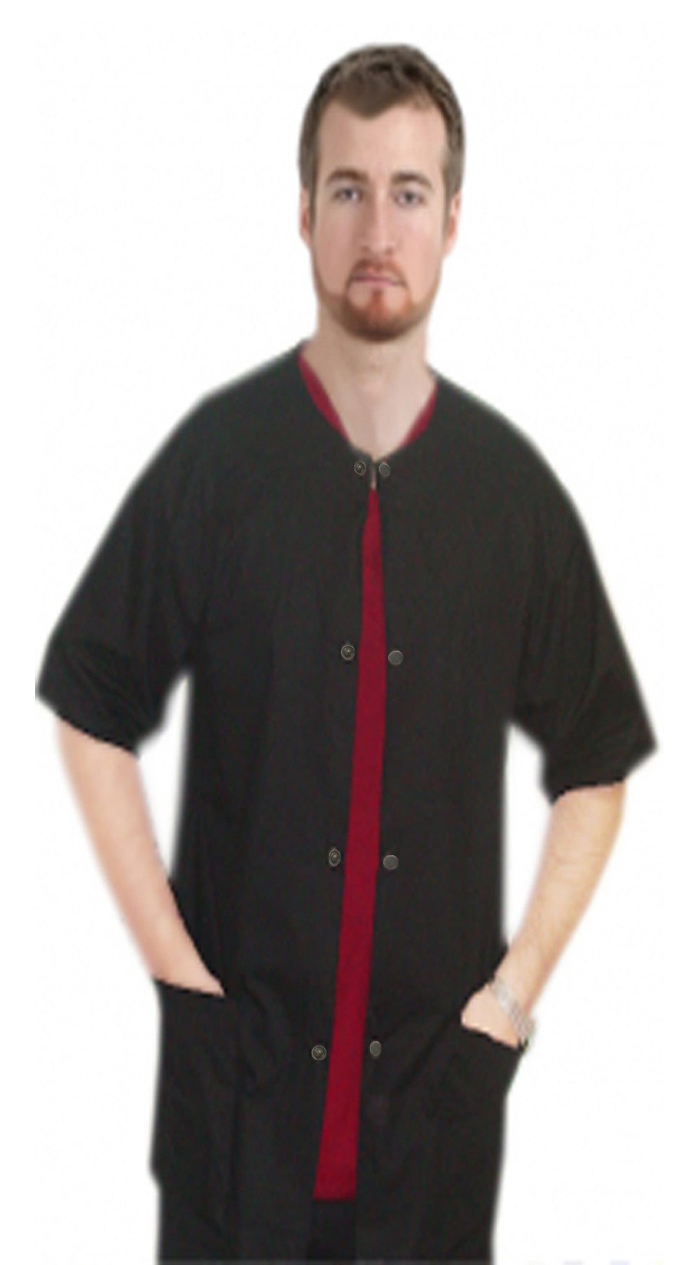 Stretch Unisex Scrub Jacket Half-Sleeve with 3 Pockets and Snap, Plastic, or Zip Closure