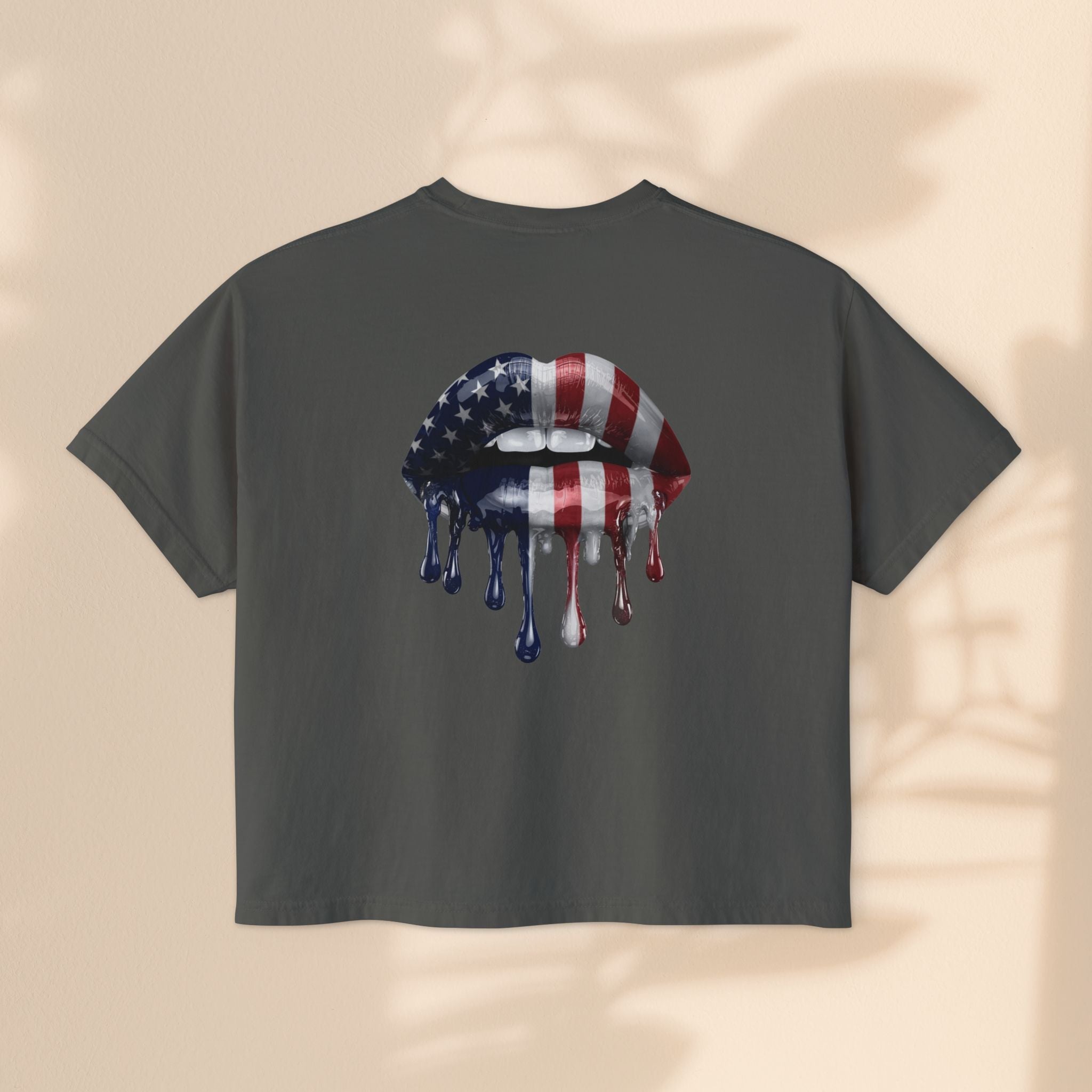 Patriotic Women's Boxy Tee with Dripping Lips Design