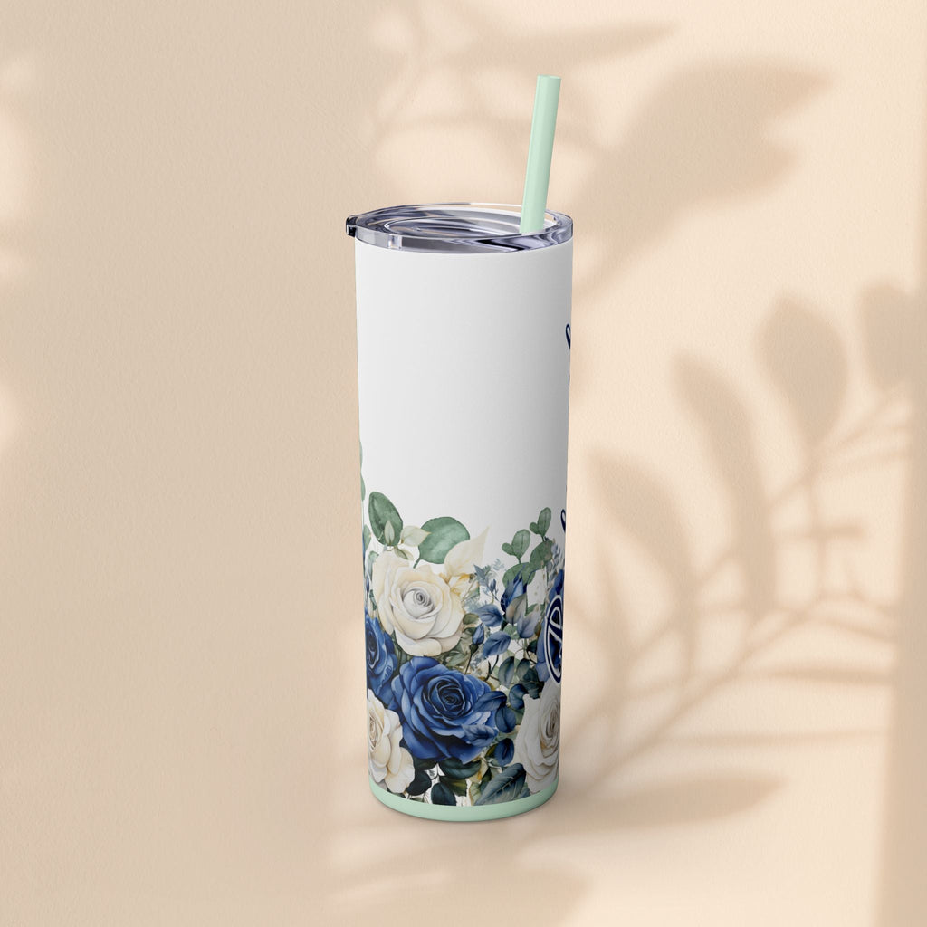 Bridesmaid Skinny Tumbler, 20oz Rose Floral Tumbler, Wedding Gift, Bridal Party, Customizable, Floral Tumbler