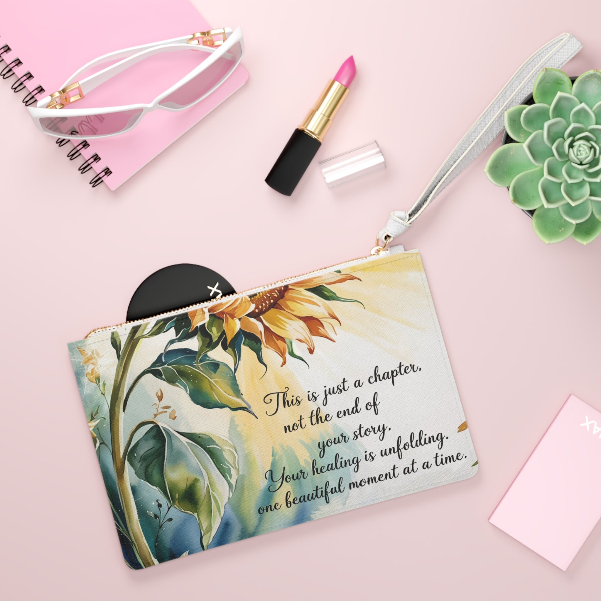 Inspirational Clutch Bag - Healing Quote Sunflower Design