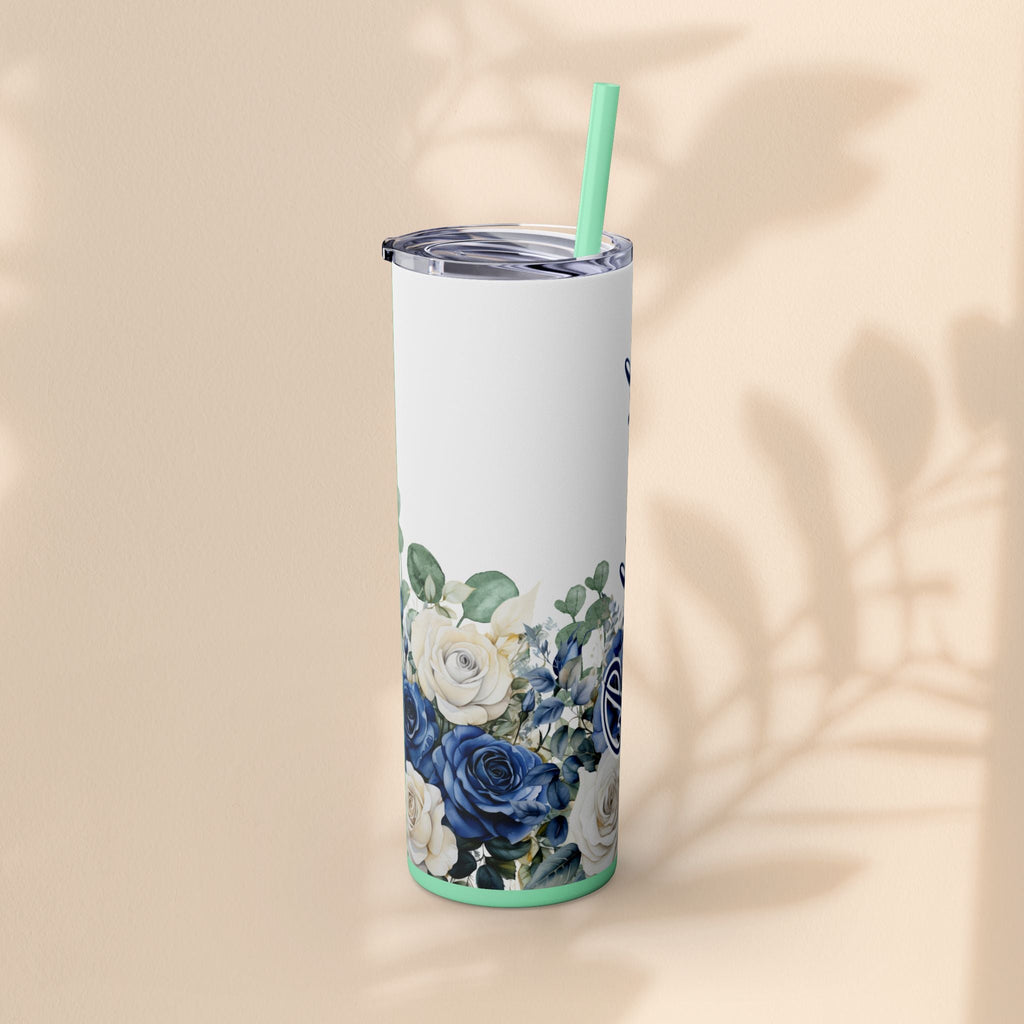 Bridesmaid Skinny Tumbler, 20oz Rose Floral Tumbler, Wedding Gift, Bridal Party, Customizable, Floral Tumbler