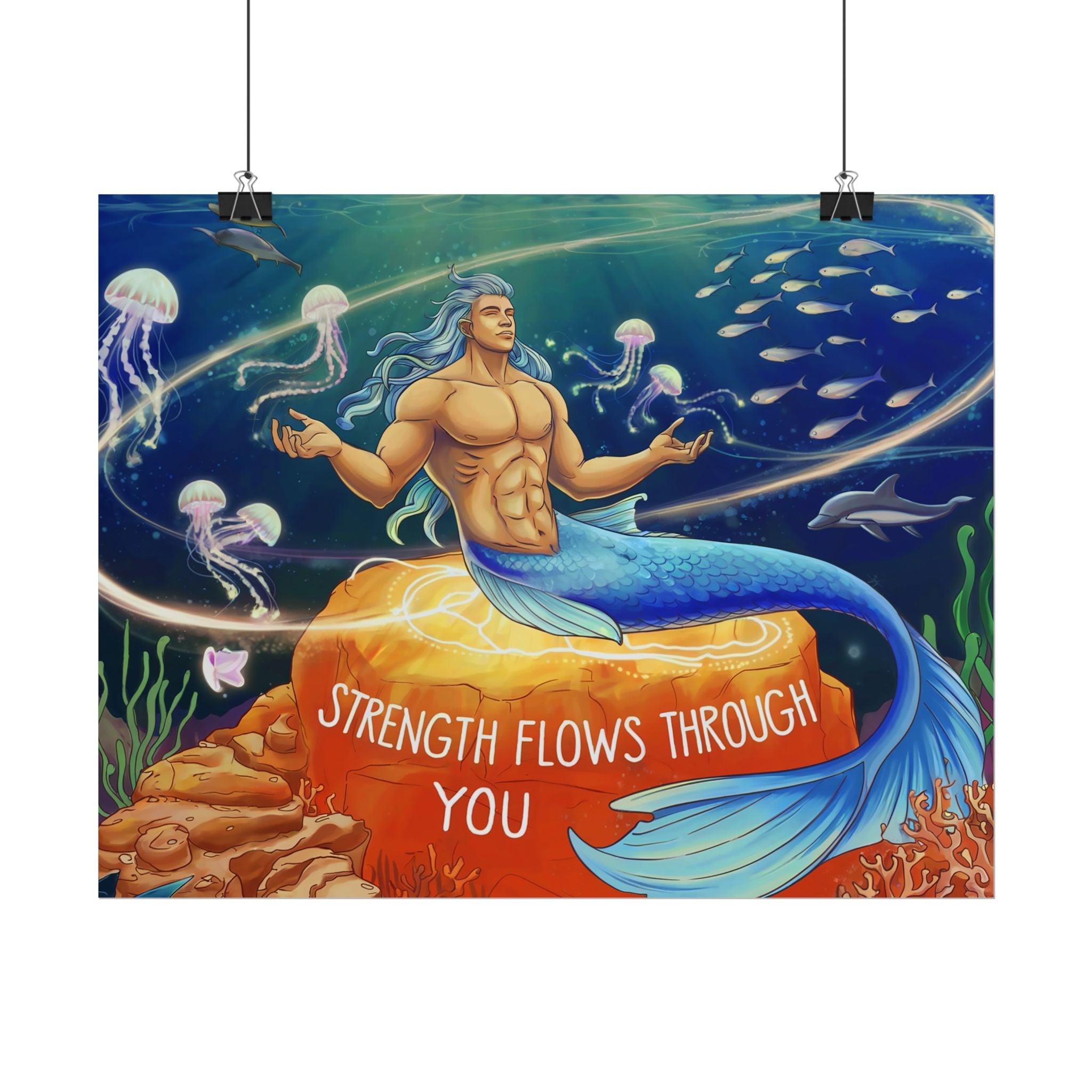 Inspirational Merman Rolled Poster - 'Strength Flows Through You' Artwork for Ocean Lovers