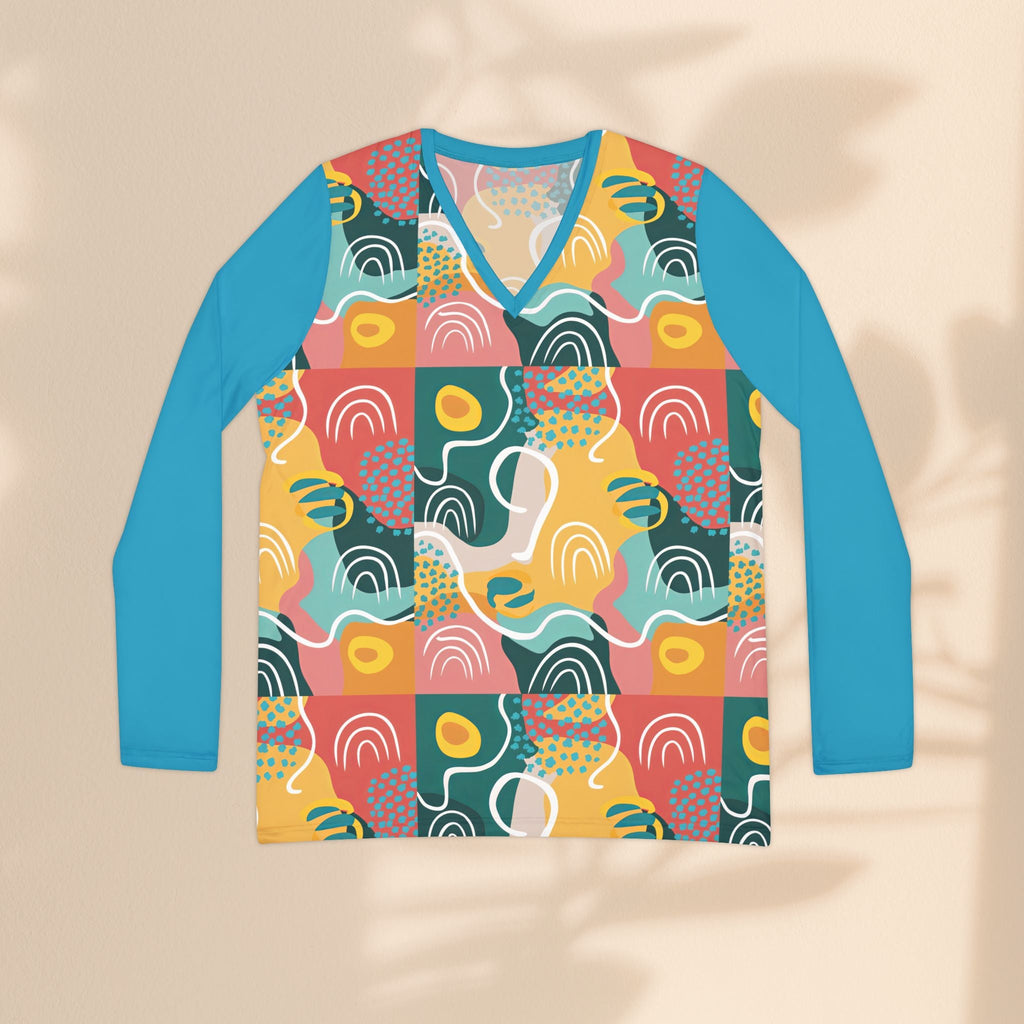 Abstract Rainbow Patchwork V-Neck Long Sleeve Shirt