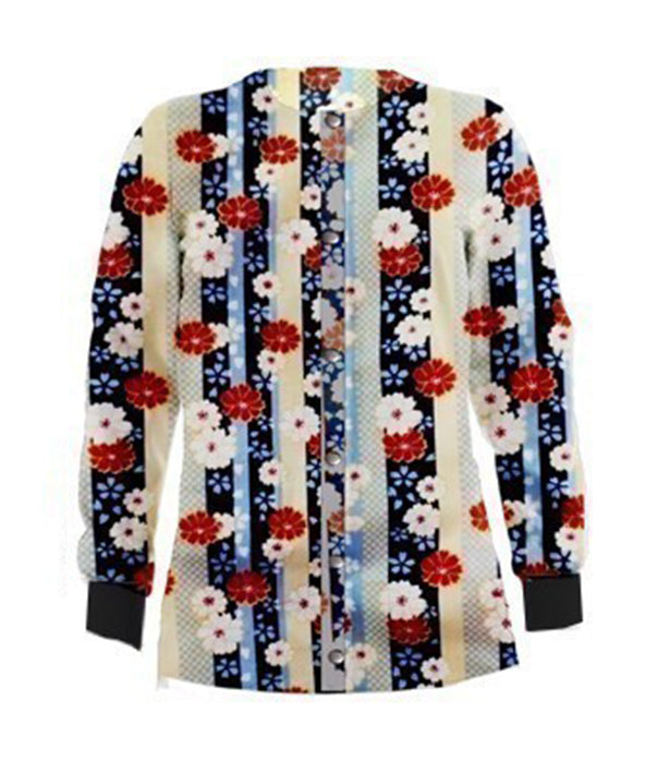 Poplin Unisex Scrub Jacket with Red and Beige flowers with blue background print - 2 Pockets, Full Sleeves with Rib