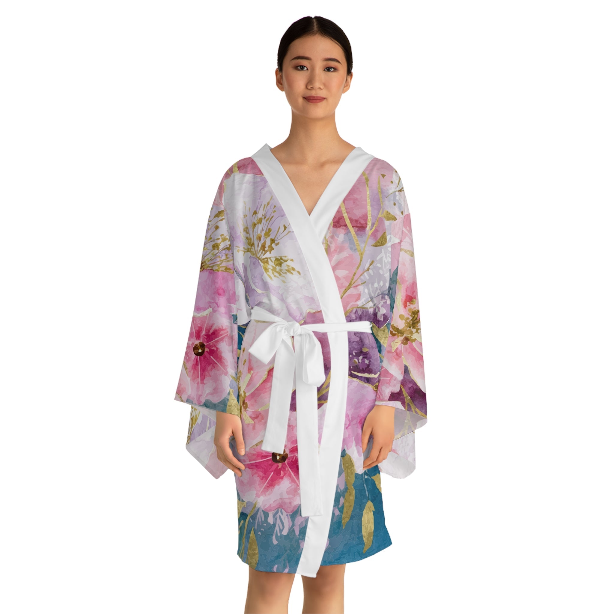 Long Sleeve Kimono Robe  - Pastel Roses