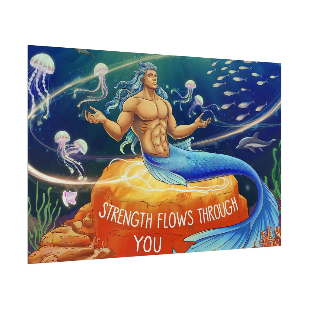 Inspirational Merman Rolled Poster - 'Strength Flows Through You' Artwork for Ocean Lovers