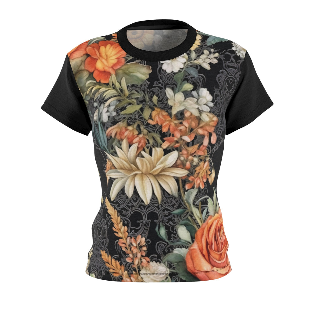 Peach Floral Print Women's Tee, Vibrant Cut & Sew T-Shirt, Summer Style, Casual Fashion, Everyday Wear, Gift for Her