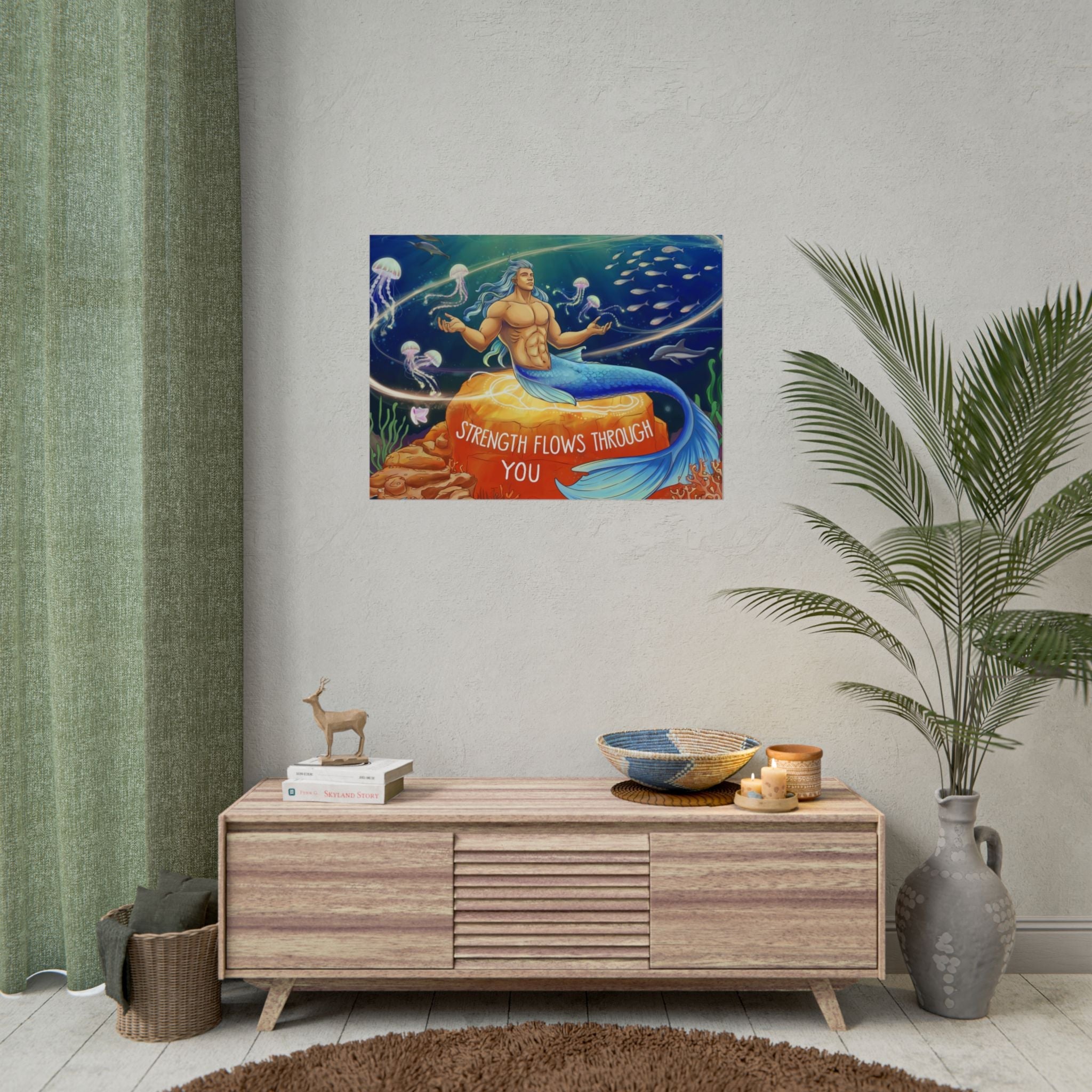 Inspirational Merman Rolled Poster - 'Strength Flows Through You' Artwork for Ocean Lovers