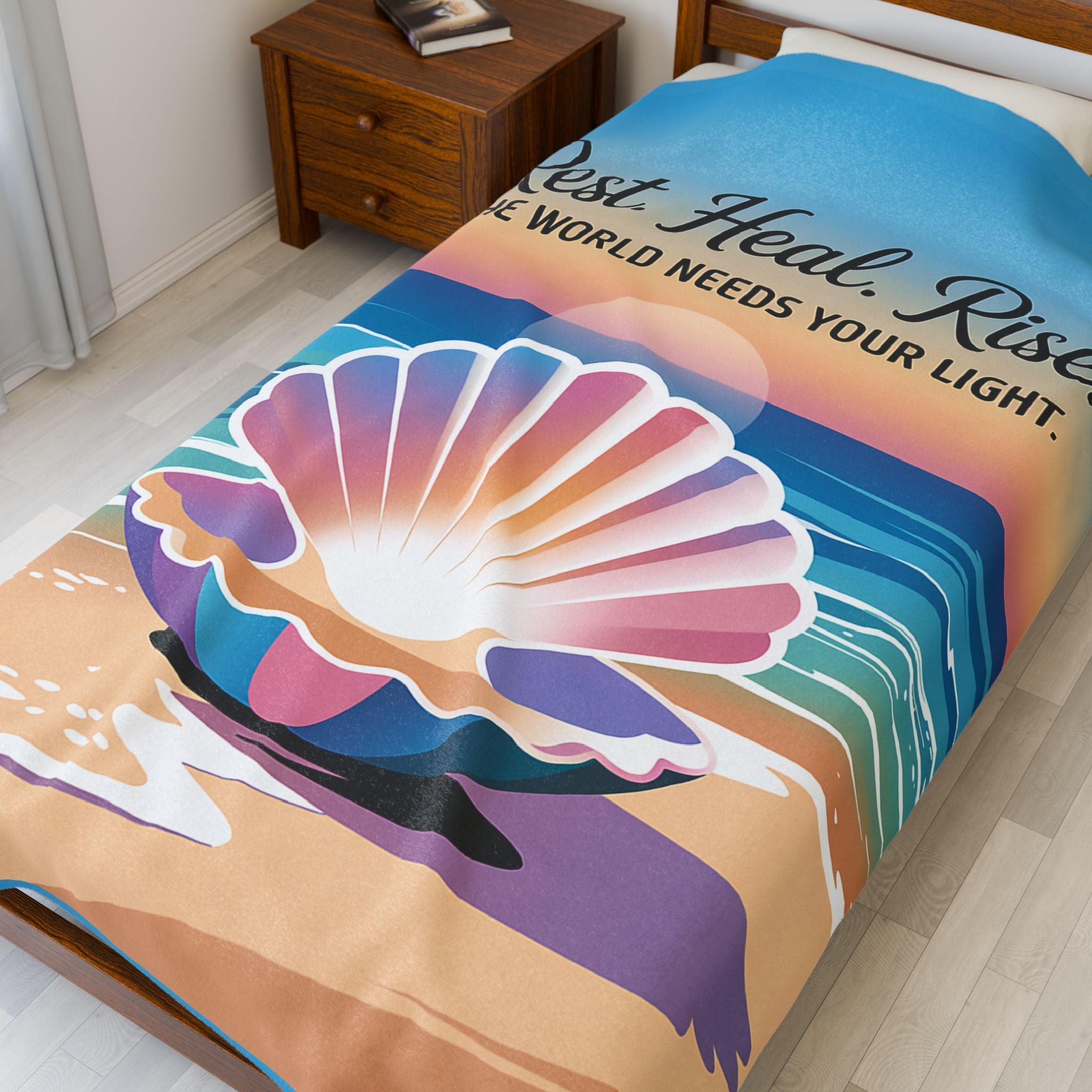 Inspiring Velveteen Plush Blanket - 'Rest. Heal. Rise.' Ocean Vibes