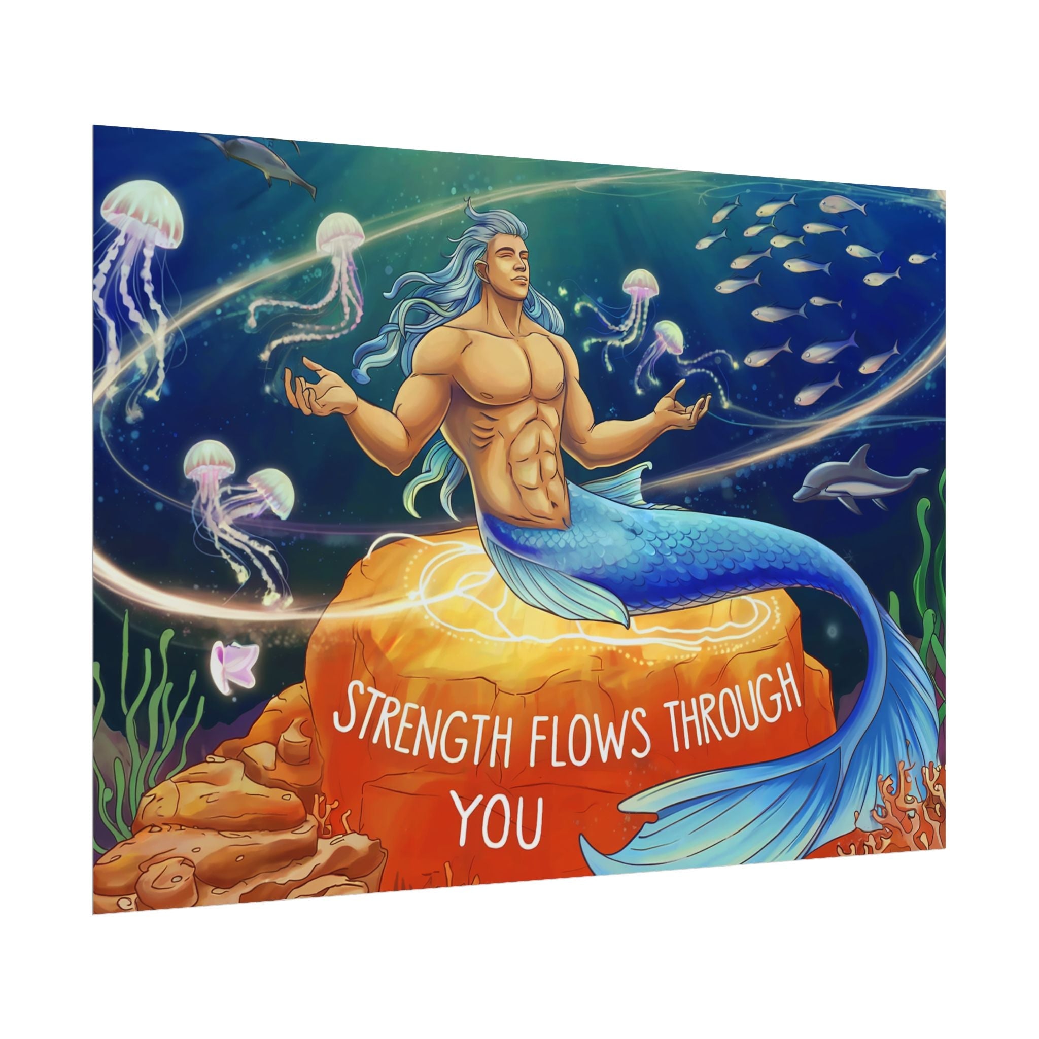 Inspirational Merman Rolled Poster - 'Strength Flows Through You' Artwork for Ocean Lovers