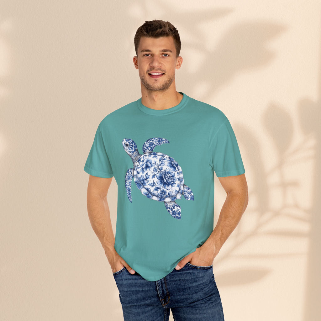 Blue Toile Turtle Unisex T-Shirt - Eco-Friendly Summer Style