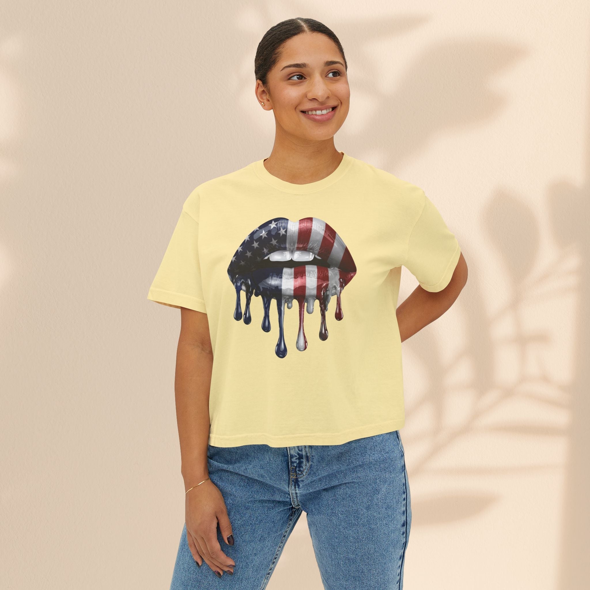 Patriotic Women's Boxy Tee with Dripping Lips Design