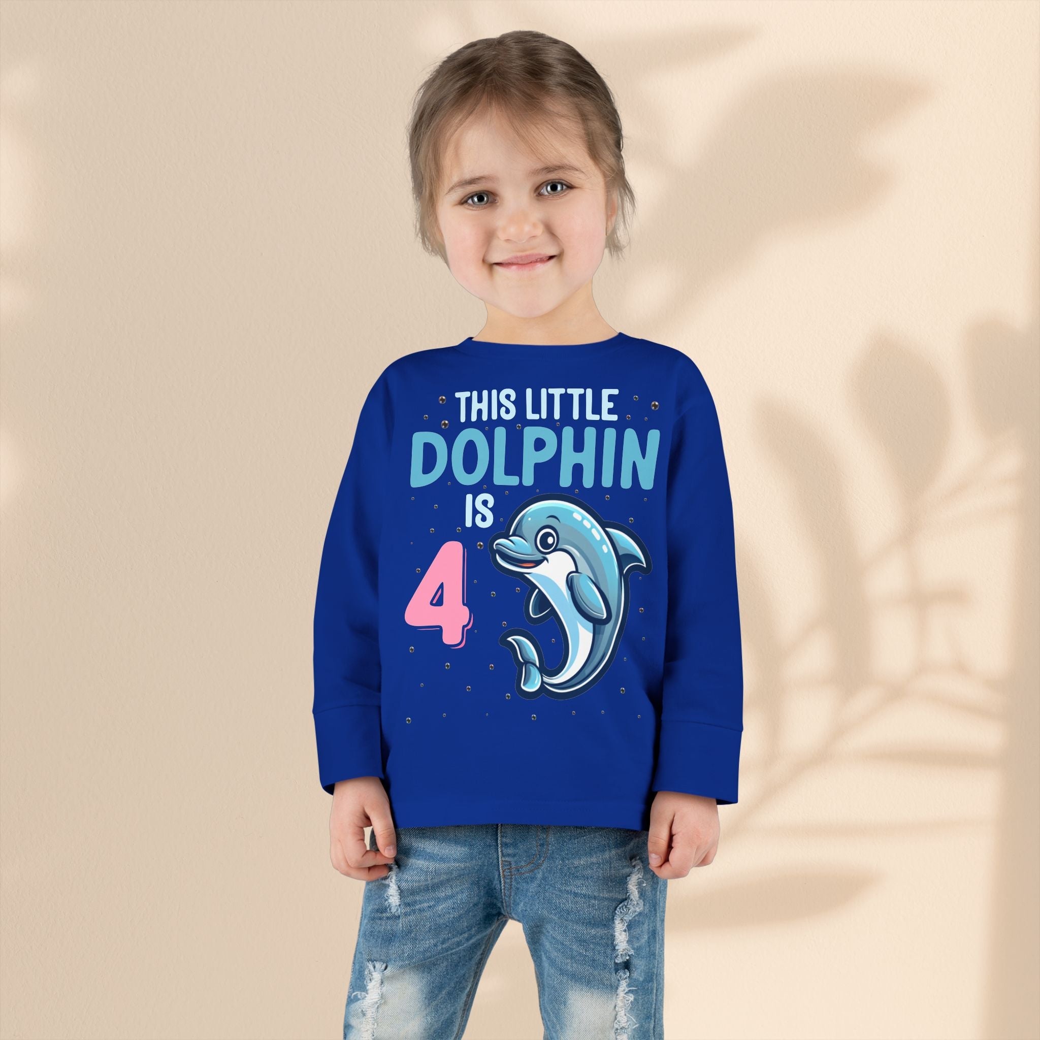 Dolphin Birthday Tee for 4-Year-Olds, Cute Dolphin Birthday Tee for Kids, Toddler Long Sleeve, 4th Birthday Gift, Ocean-Themed Shirt