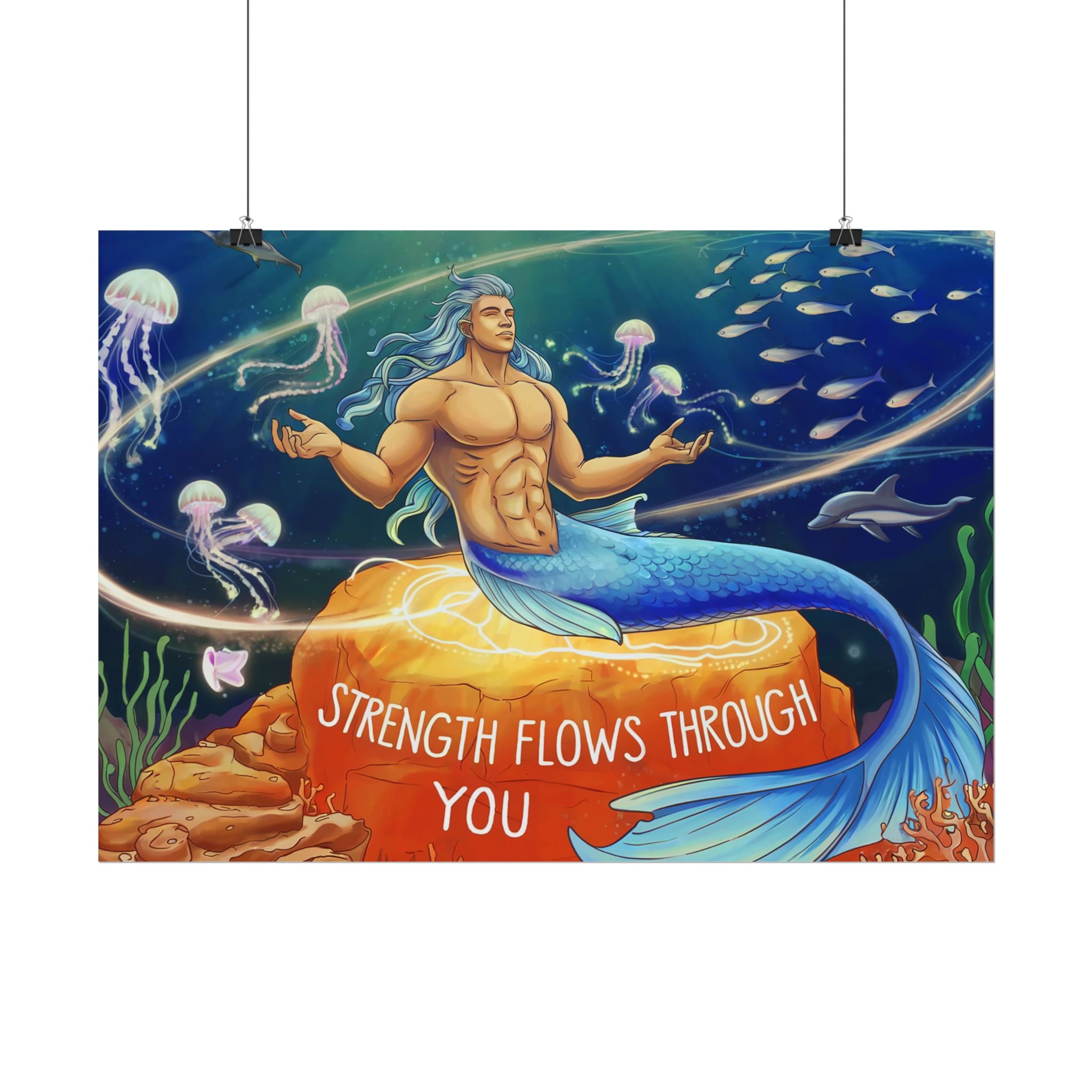 Inspirational Merman Rolled Poster - 'Strength Flows Through You' Artwork for Ocean Lovers
