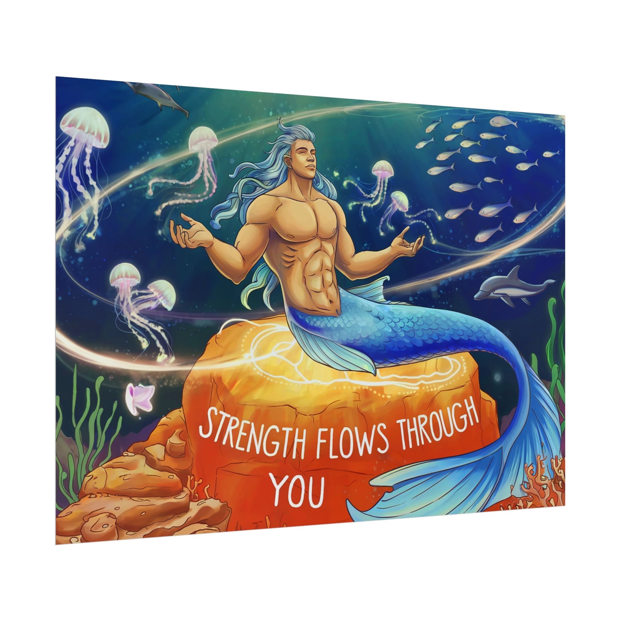 Inspirational Merman Rolled Poster - 'Strength Flows Through You' Artwork for Ocean Lovers