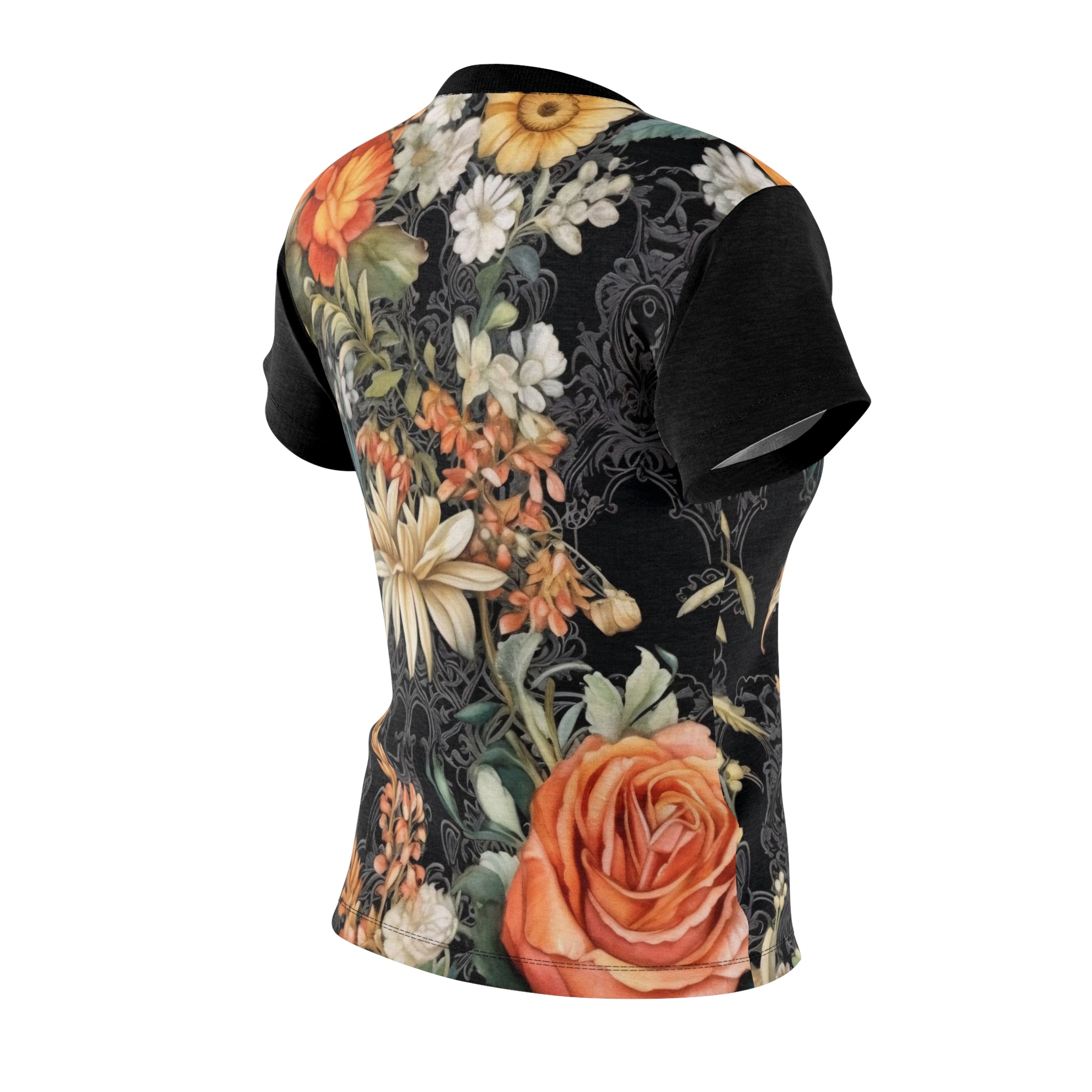 Peach Floral Print Women's Tee, Vibrant Cut & Sew T-Shirt, Summer Style, Casual Fashion, Everyday Wear, Gift for Her