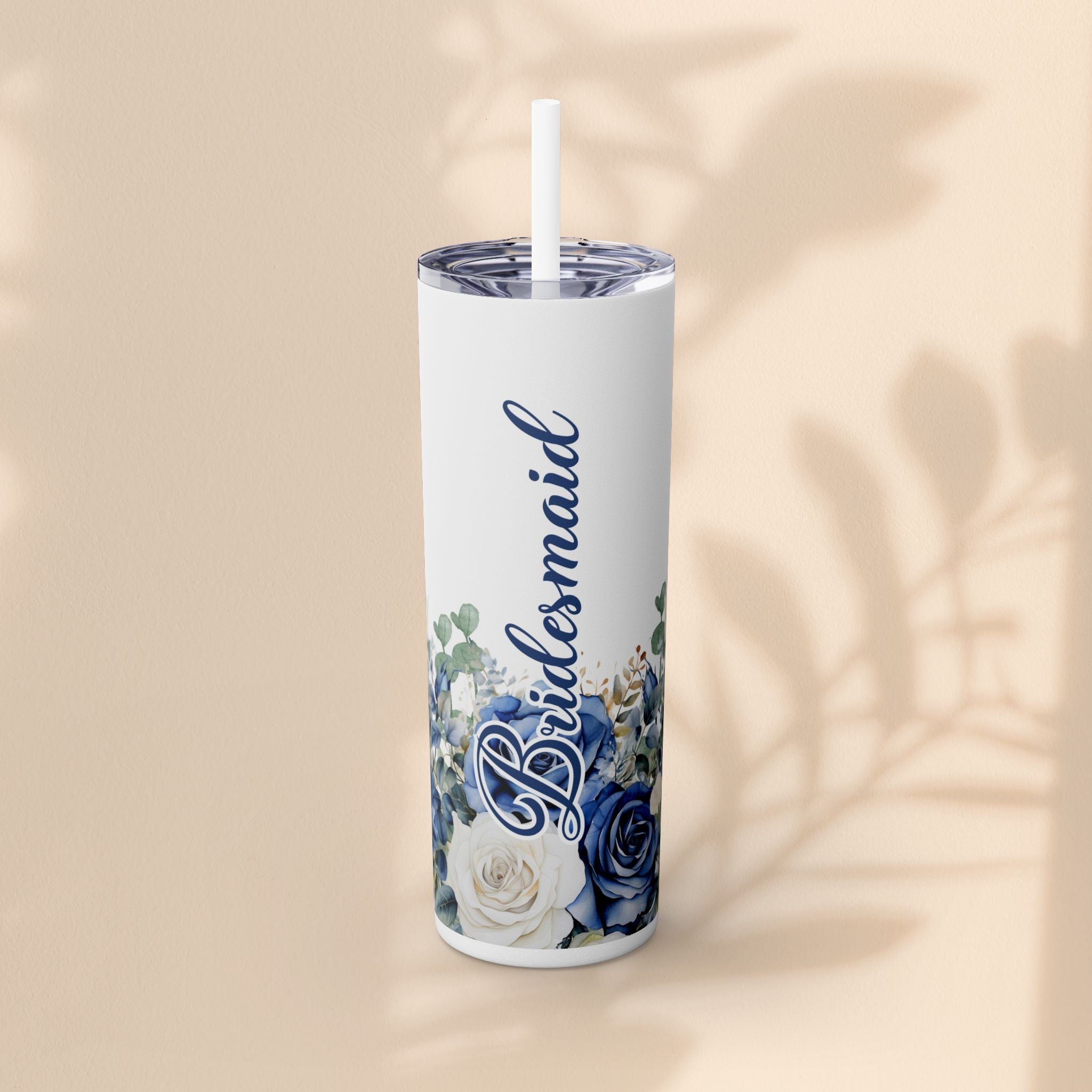 Bridesmaid Skinny Tumbler, 20oz Rose Floral Tumbler, Wedding Gift, Bridal Party, Customizable, Floral Tumbler