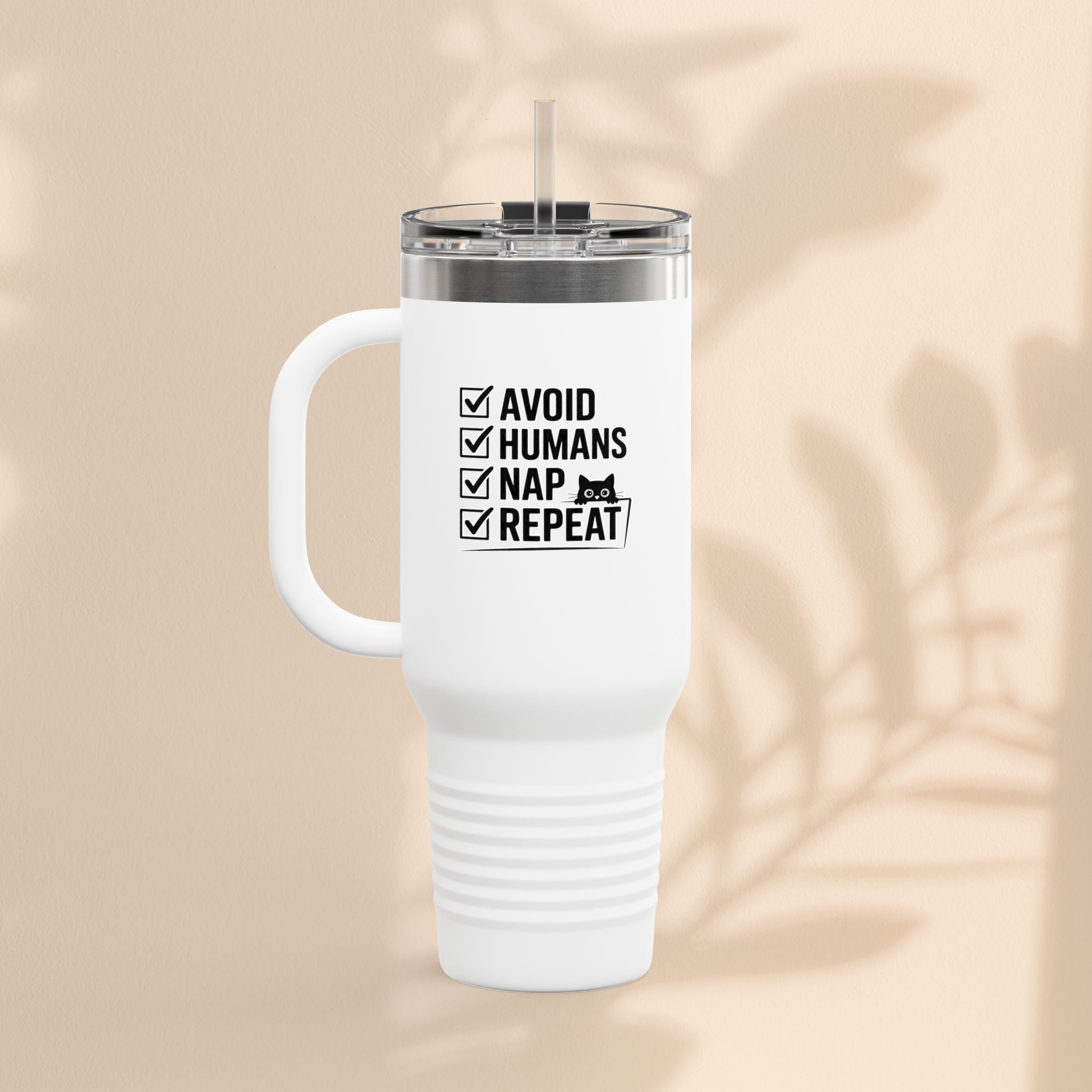 Funny Insulated Travel Mug - Avoid Humans Nap Repeat - 40oz, Coffee Cup, Gift for Introverts, Travel Mug, Holiday Present