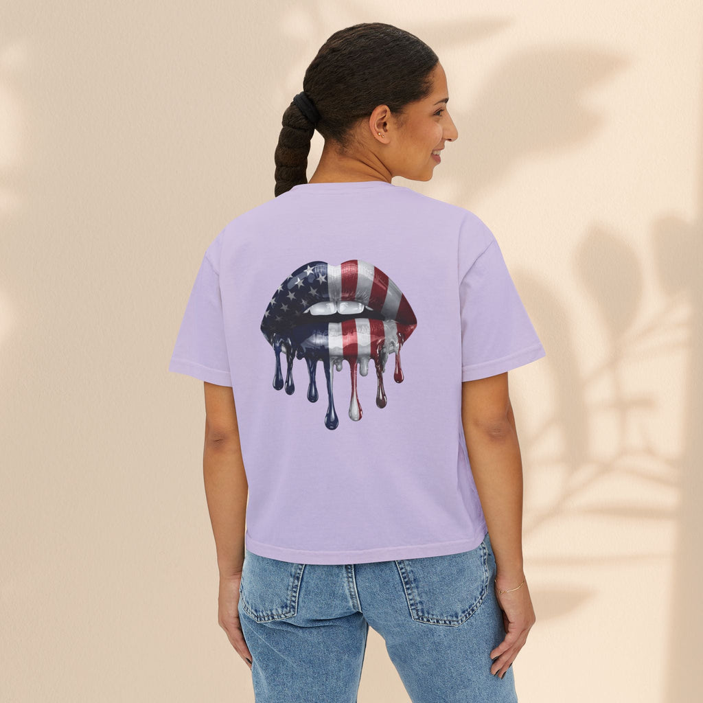 Patriotic Women's Boxy Tee with Dripping Lips Design