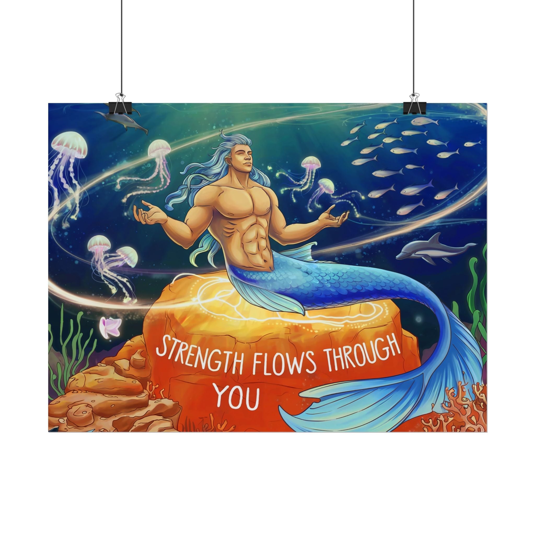 Inspirational Merman Rolled Poster - 'Strength Flows Through You' Artwork for Ocean Lovers