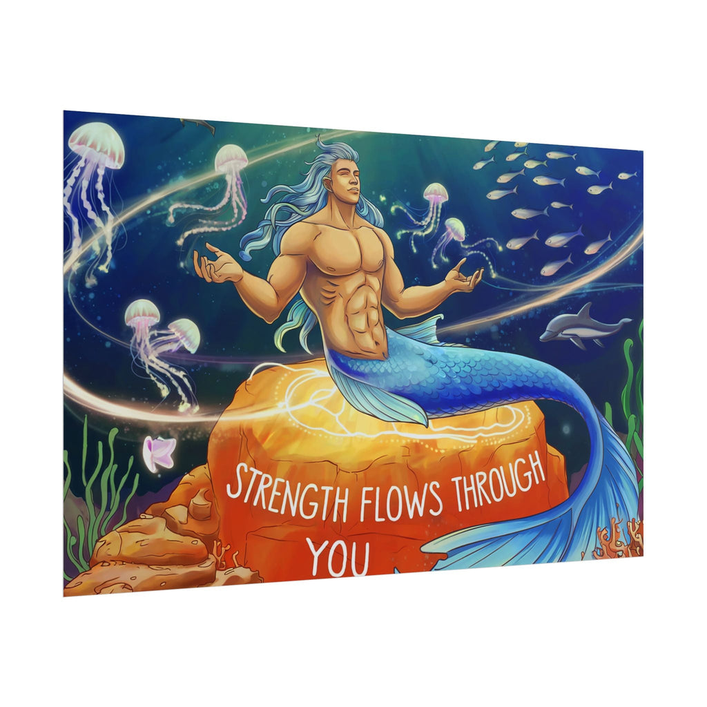 Inspirational Merman Rolled Poster - 'Strength Flows Through You' Artwork for Ocean Lovers