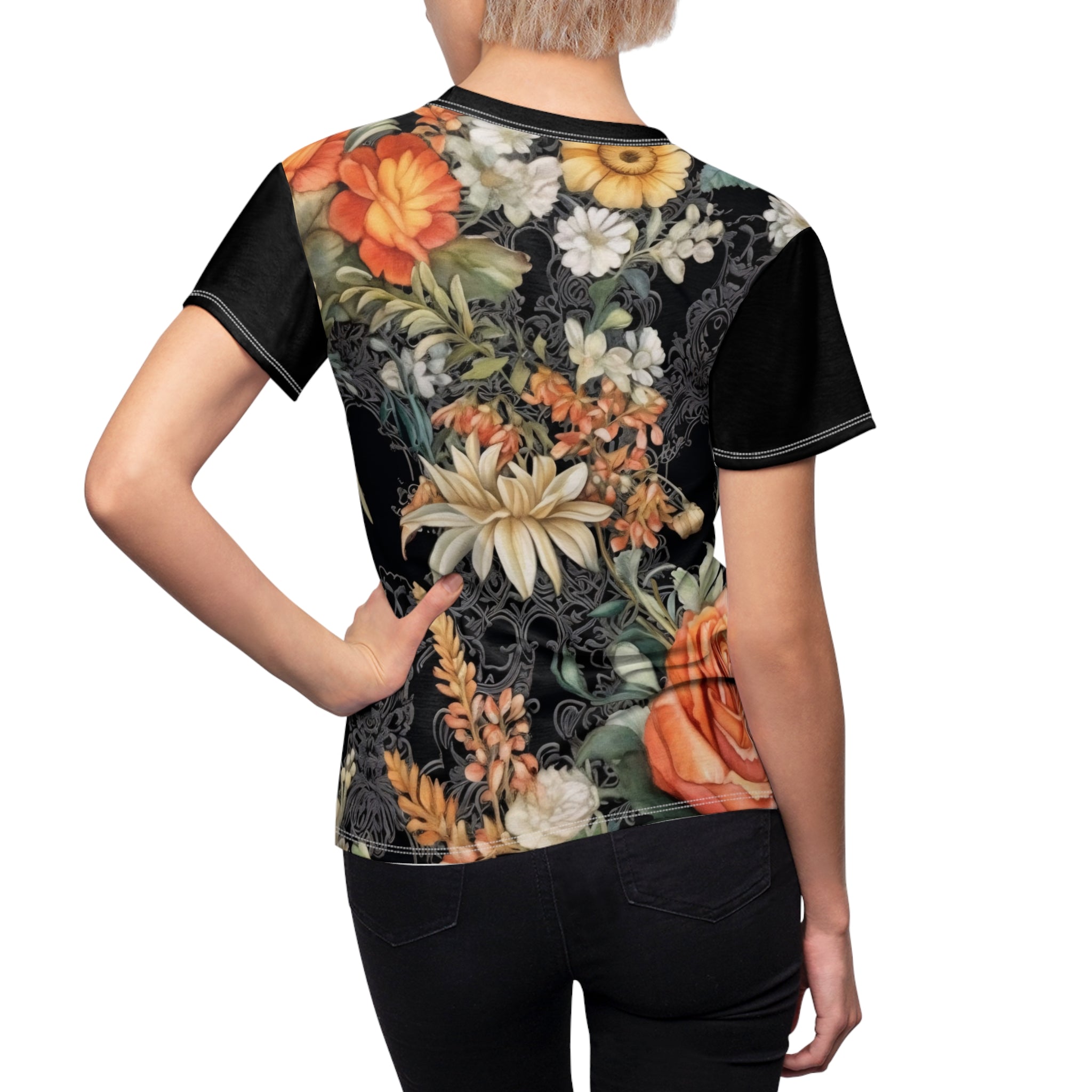 Peach Floral Print Women's Tee, Vibrant Cut & Sew T-Shirt, Summer Style, Casual Fashion, Everyday Wear, Gift for Her