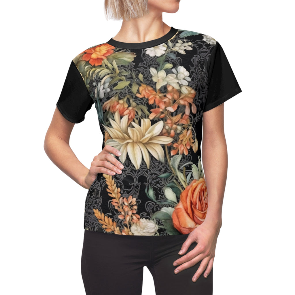 Peach Floral Print Women's Tee, Vibrant Cut & Sew T-Shirt, Summer Style, Casual Fashion, Everyday Wear, Gift for Her