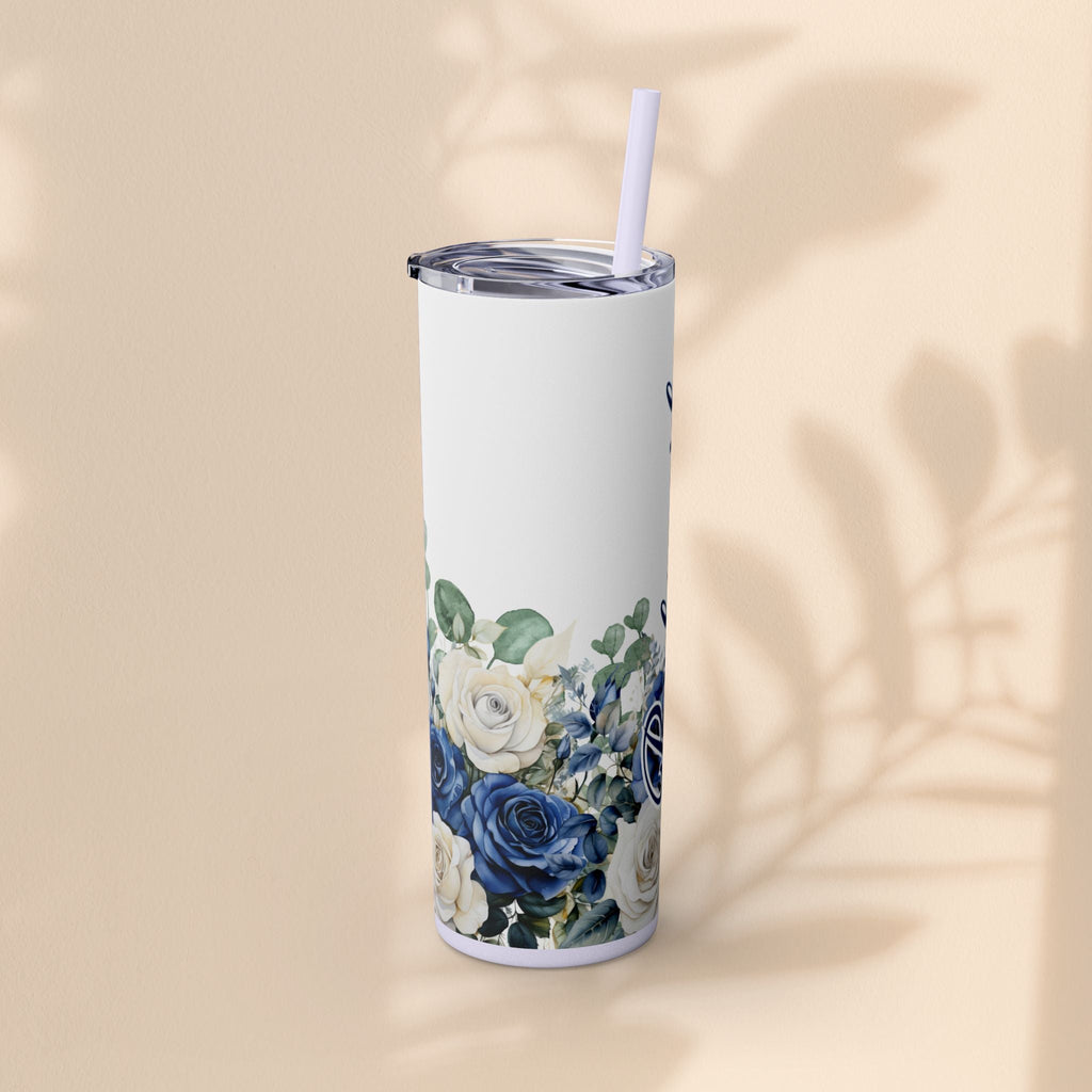 Bridesmaid Skinny Tumbler, 20oz Rose Floral Tumbler, Wedding Gift, Bridal Party, Customizable, Floral Tumbler