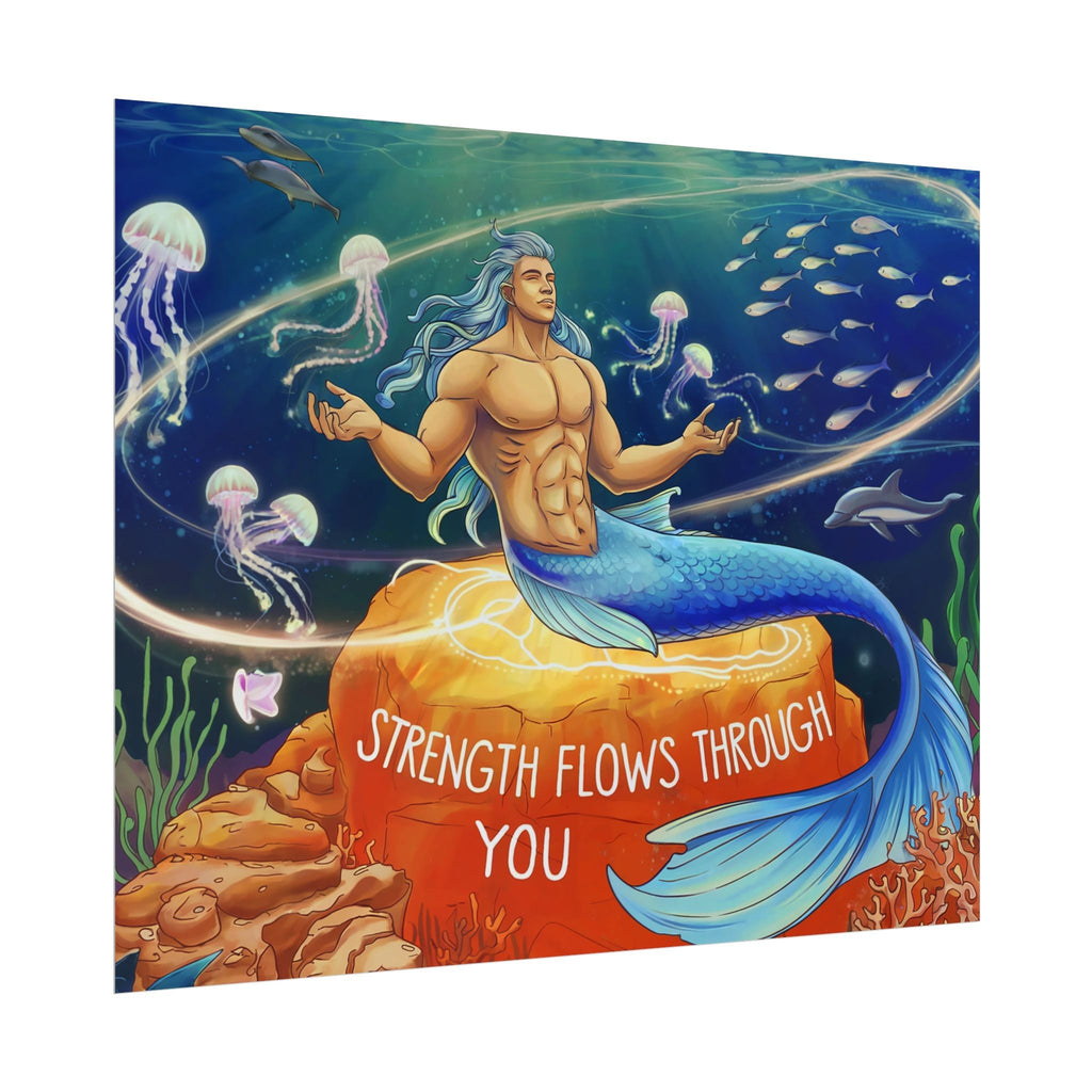 Inspirational Merman Rolled Poster - 'Strength Flows Through You' Artwork for Ocean Lovers