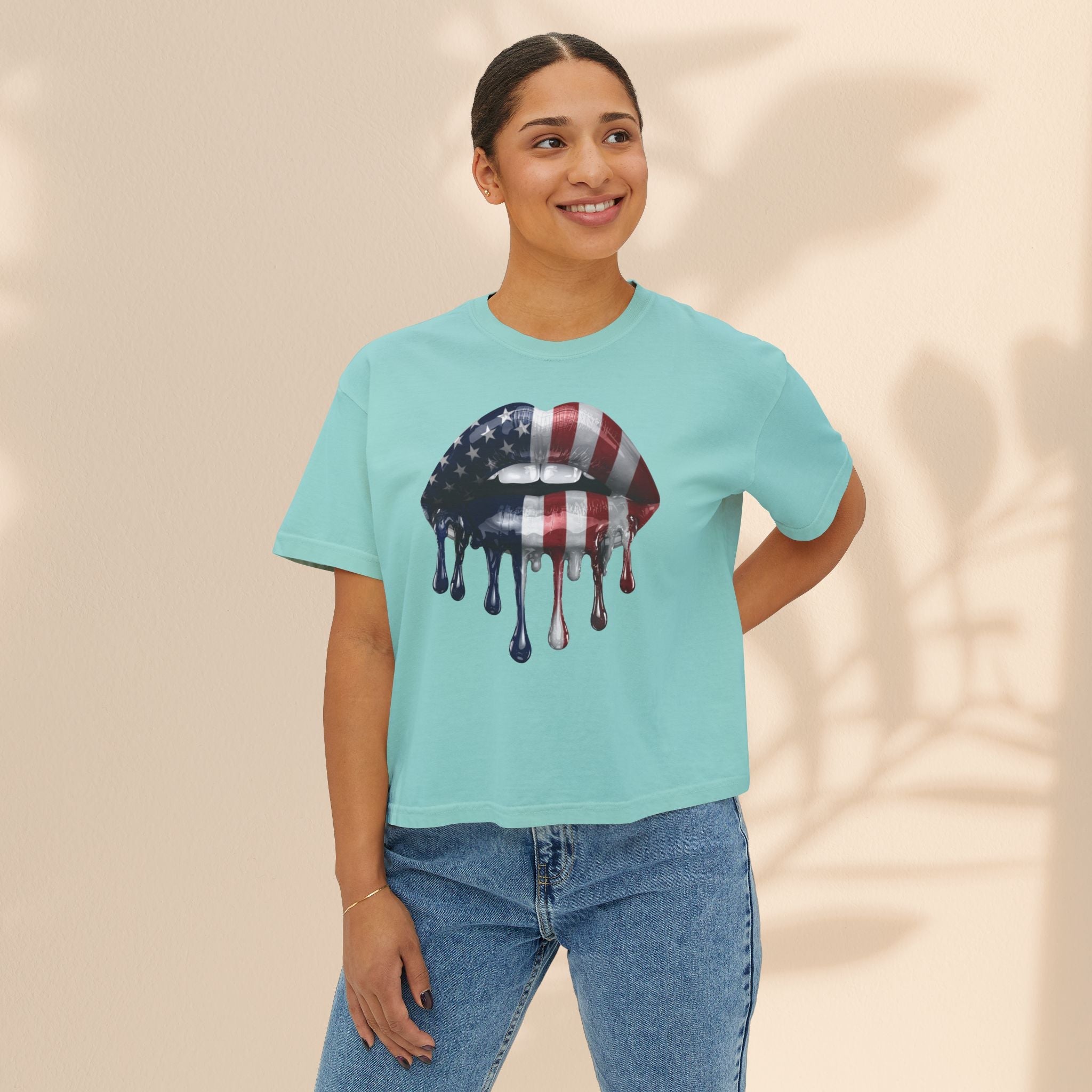Patriotic Women's Boxy Tee with Dripping Lips Design
