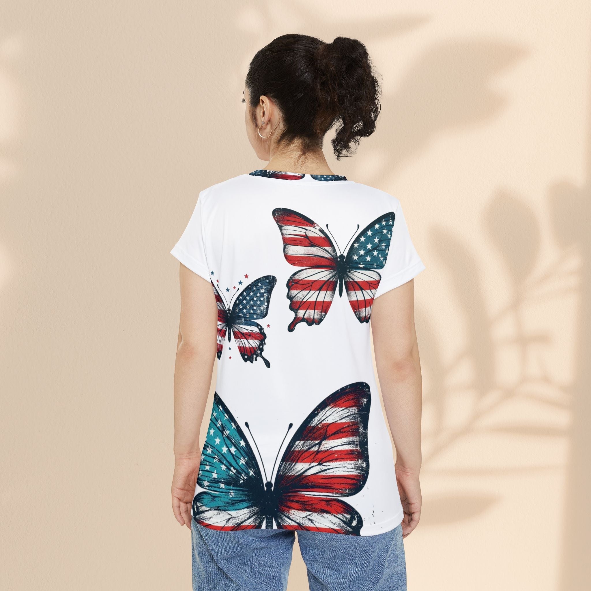 Patriotic Butterfly Tee for Women - Short Sleeve American Flag Shirt