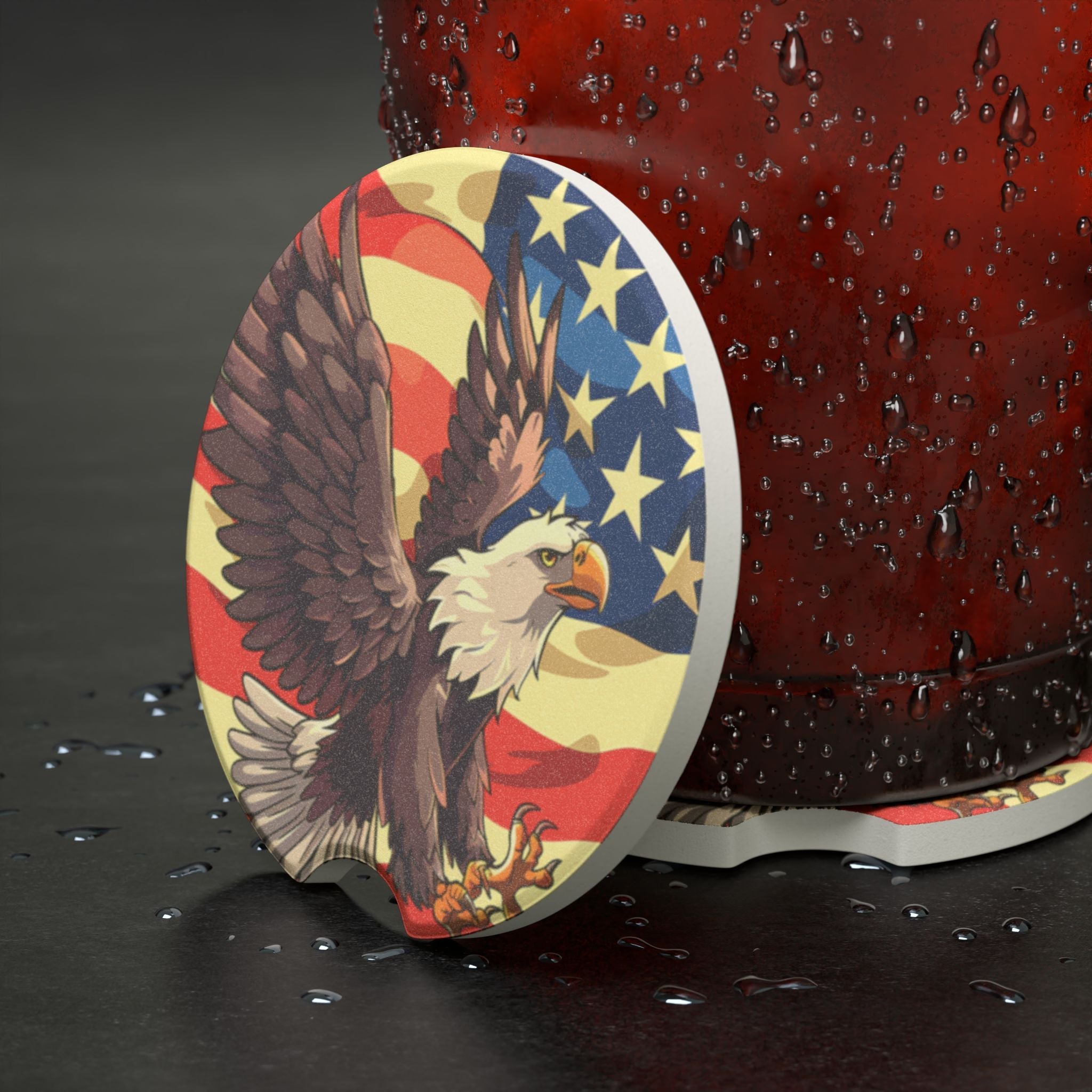Patriotic Eagle Soapstone Car Coaster - USA Flag Design