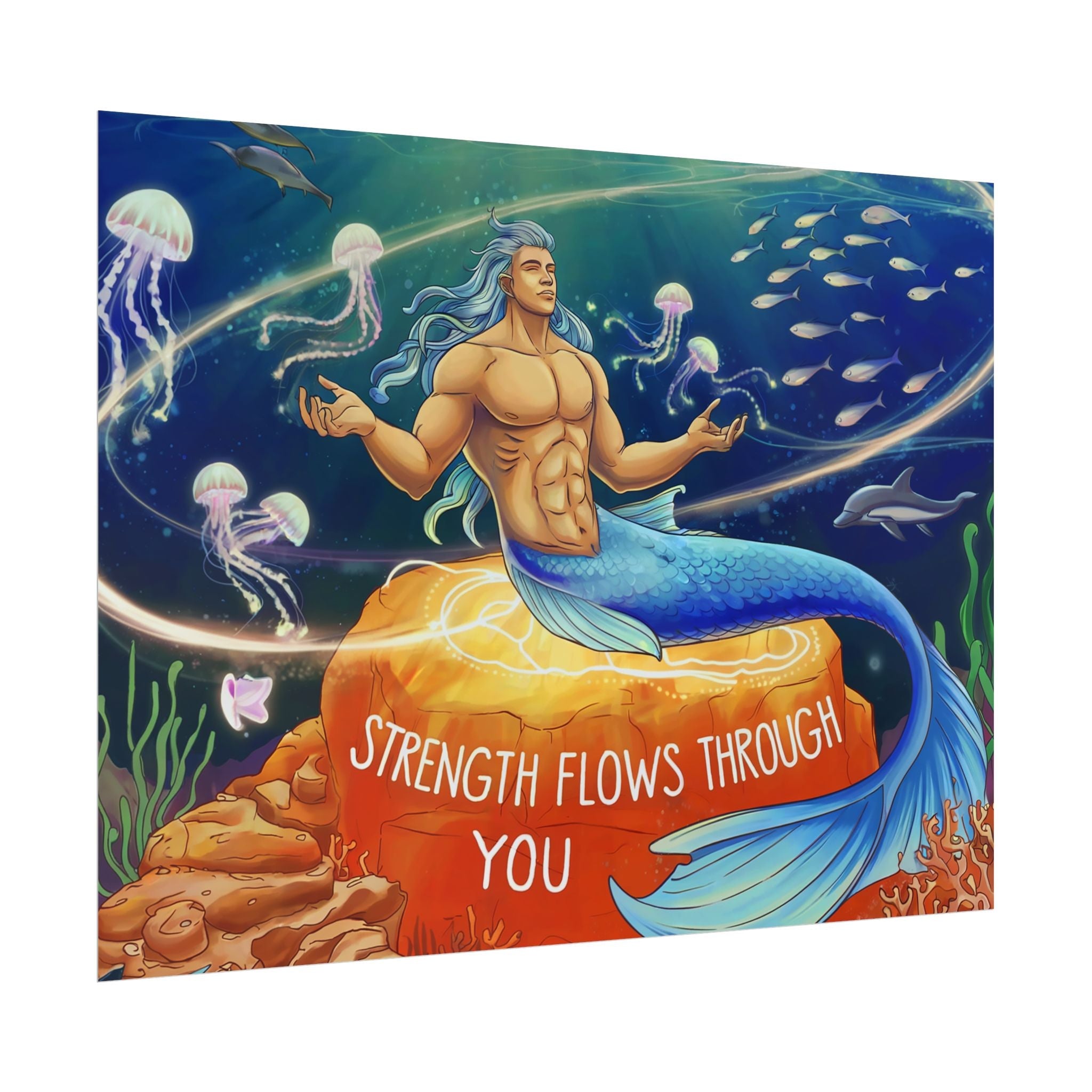 Inspirational Merman Rolled Poster - 'Strength Flows Through You' Artwork for Ocean Lovers