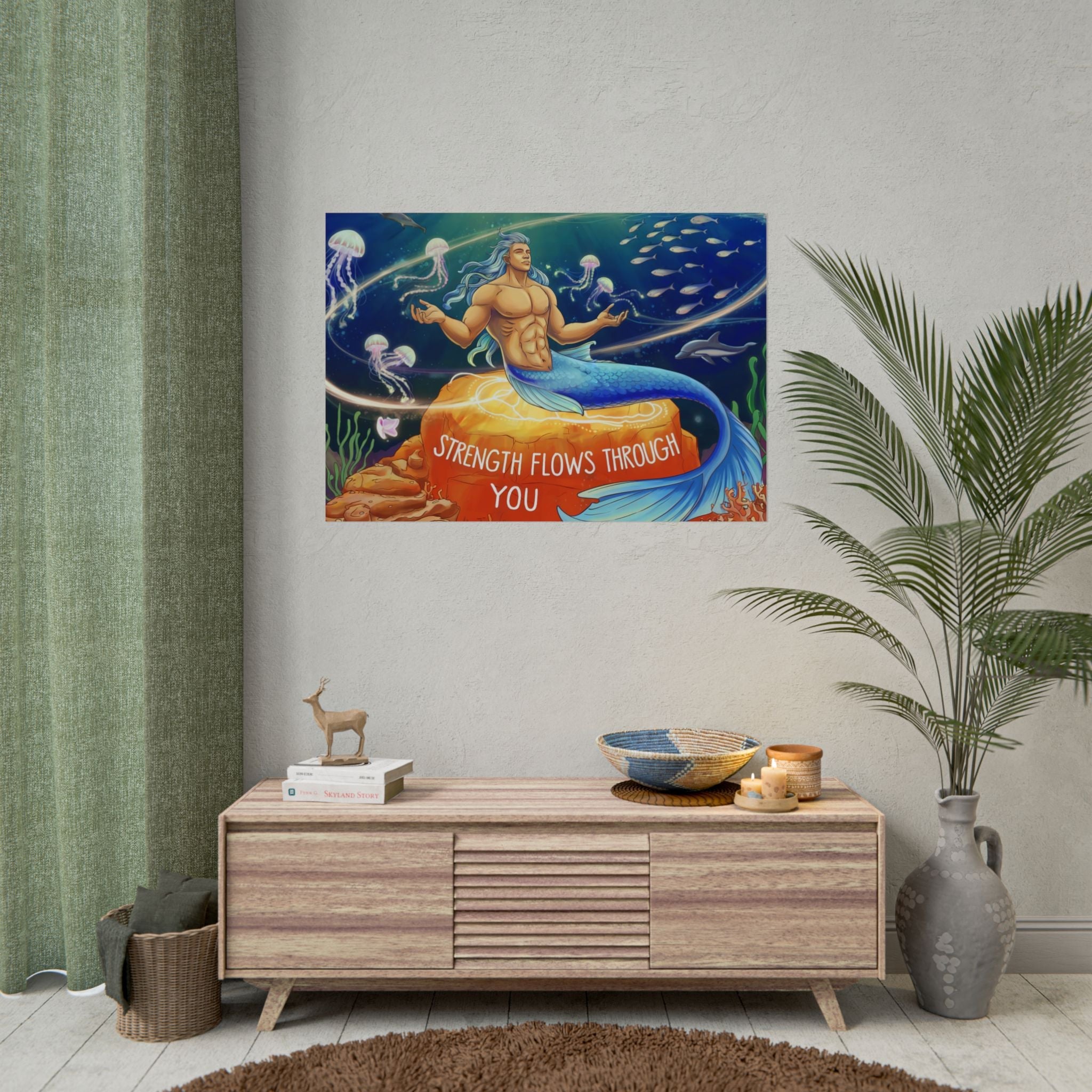 Inspirational Merman Rolled Poster - 'Strength Flows Through You' Artwork for Ocean Lovers