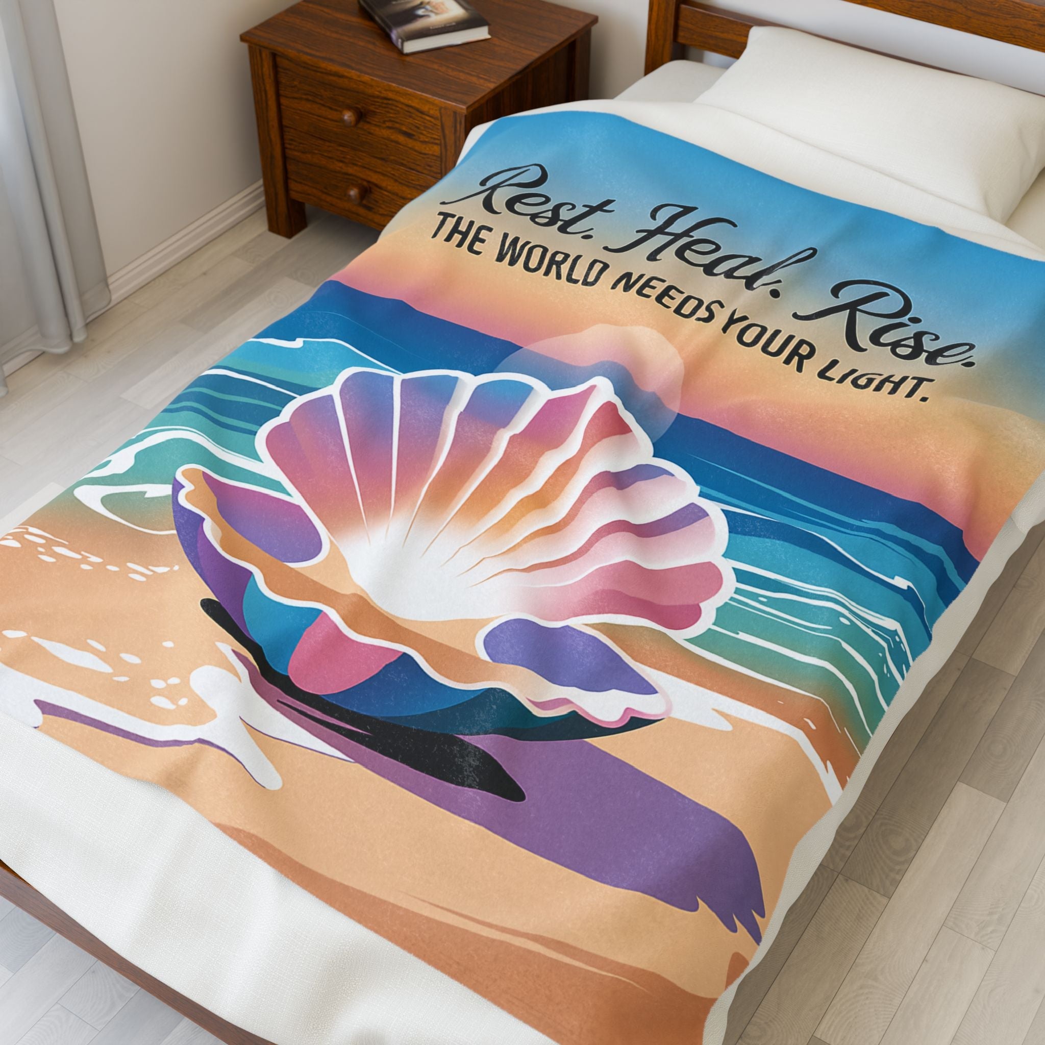 Inspiring Velveteen Plush Blanket - 'Rest. Heal. Rise.' Ocean Vibes