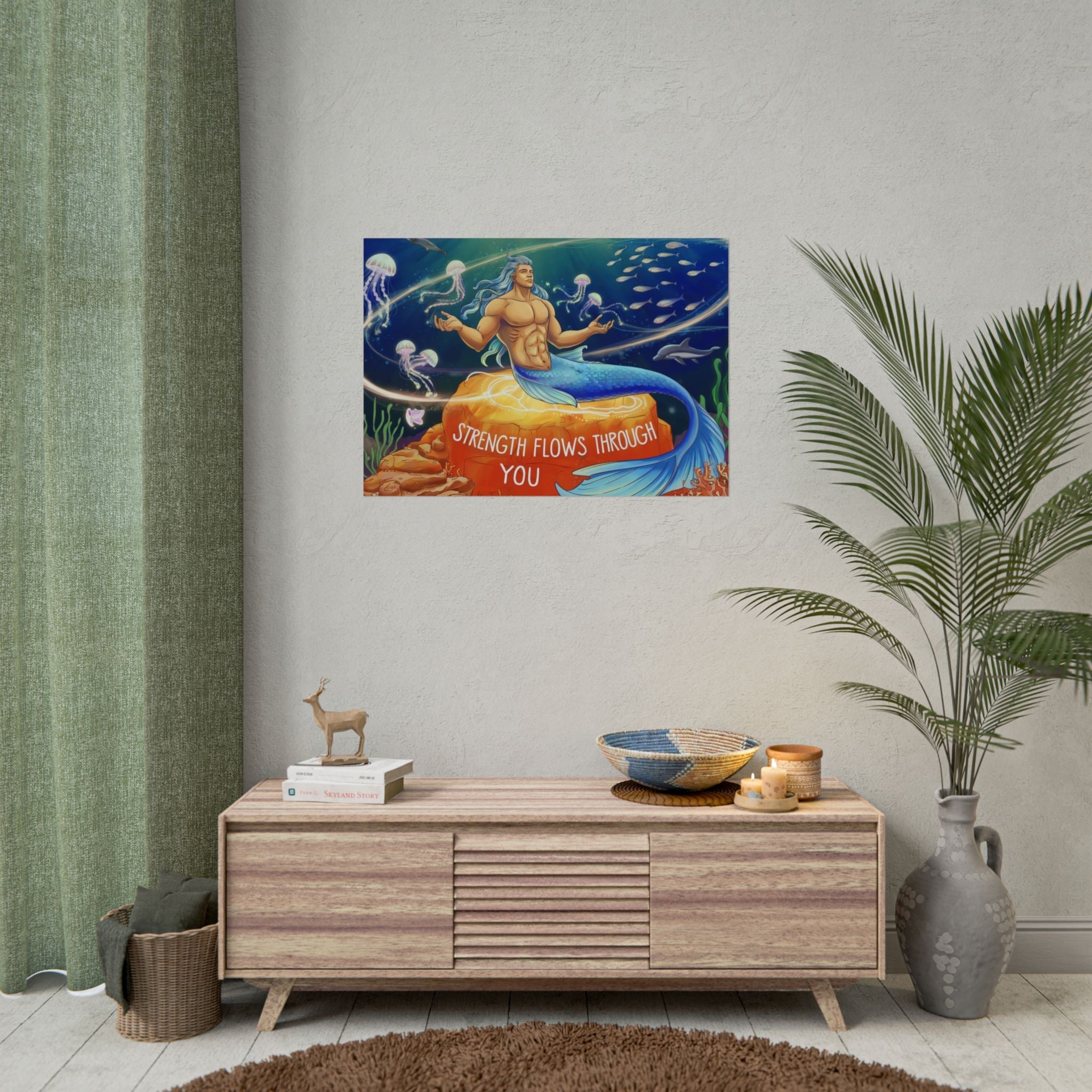 Inspirational Merman Rolled Poster - 'Strength Flows Through You' Artwork for Ocean Lovers