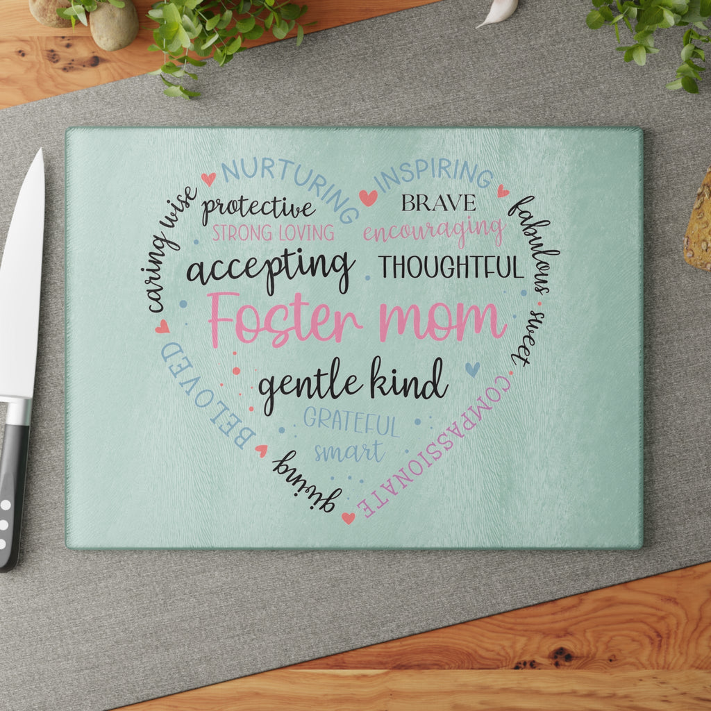 Inspirational Foster Mom Glass Cutting Board – Heart Design