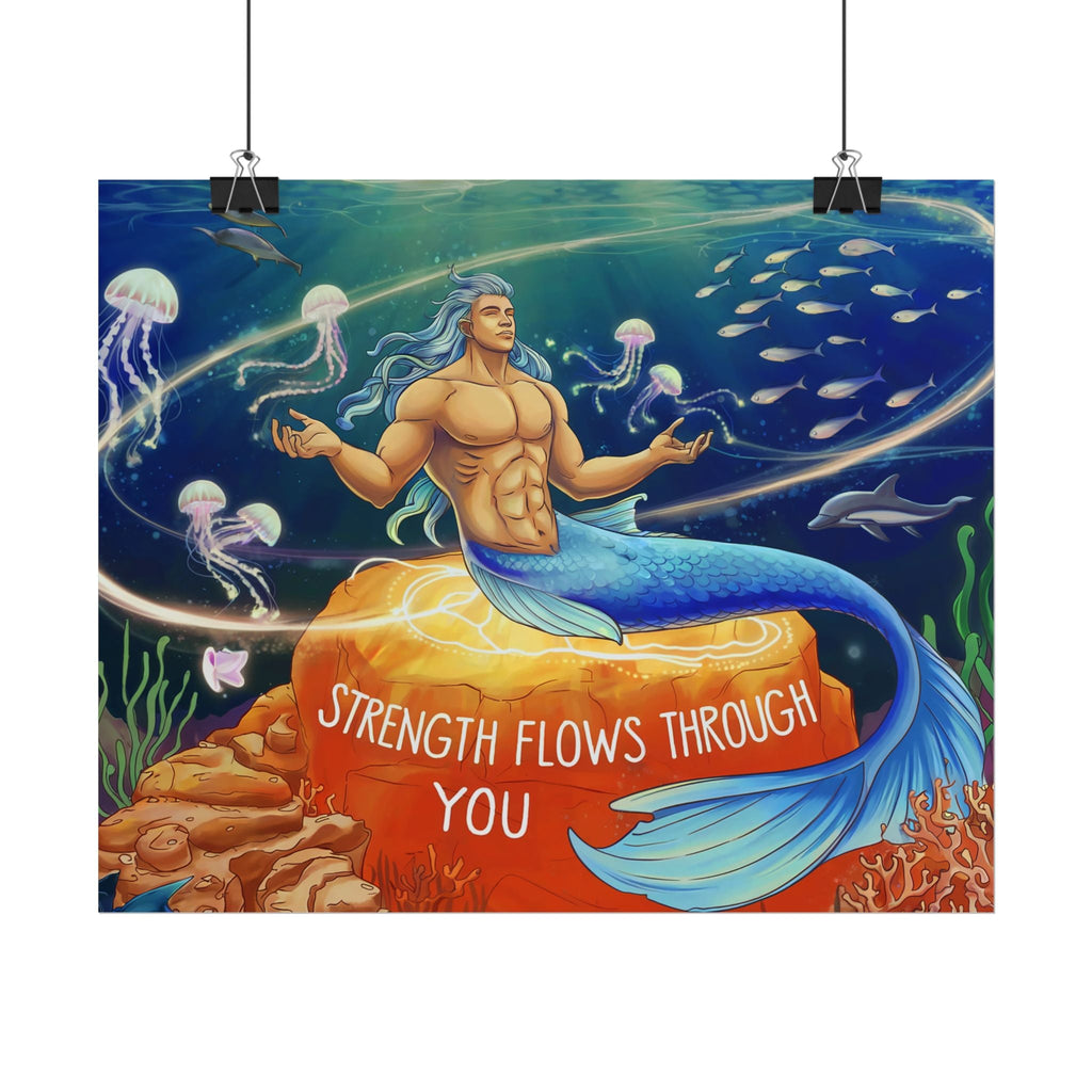 Inspirational Merman Rolled Poster - 'Strength Flows Through You' Artwork for Ocean Lovers