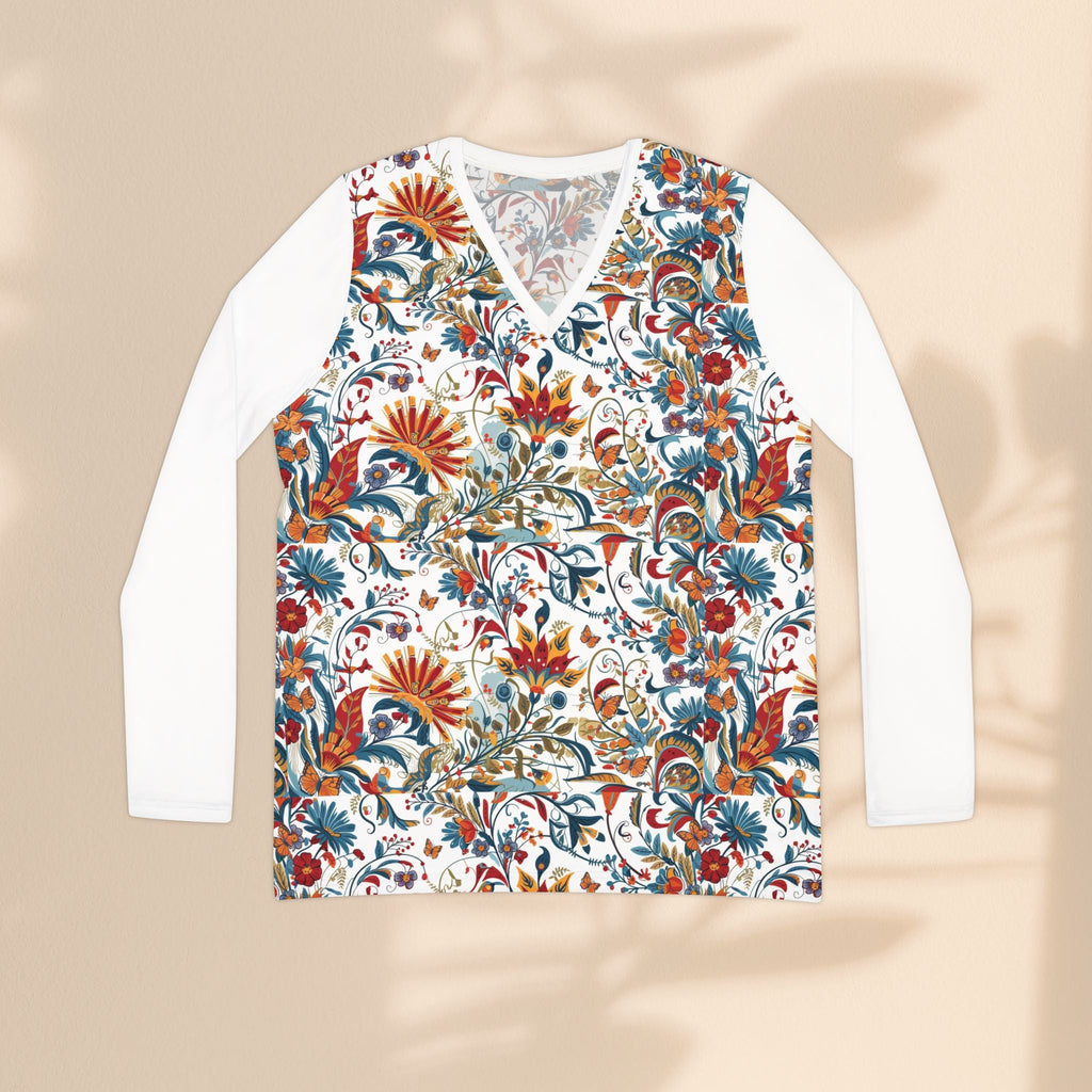 Floral V-Neck Long Sleeve Top — Boho Vintage Garden Print