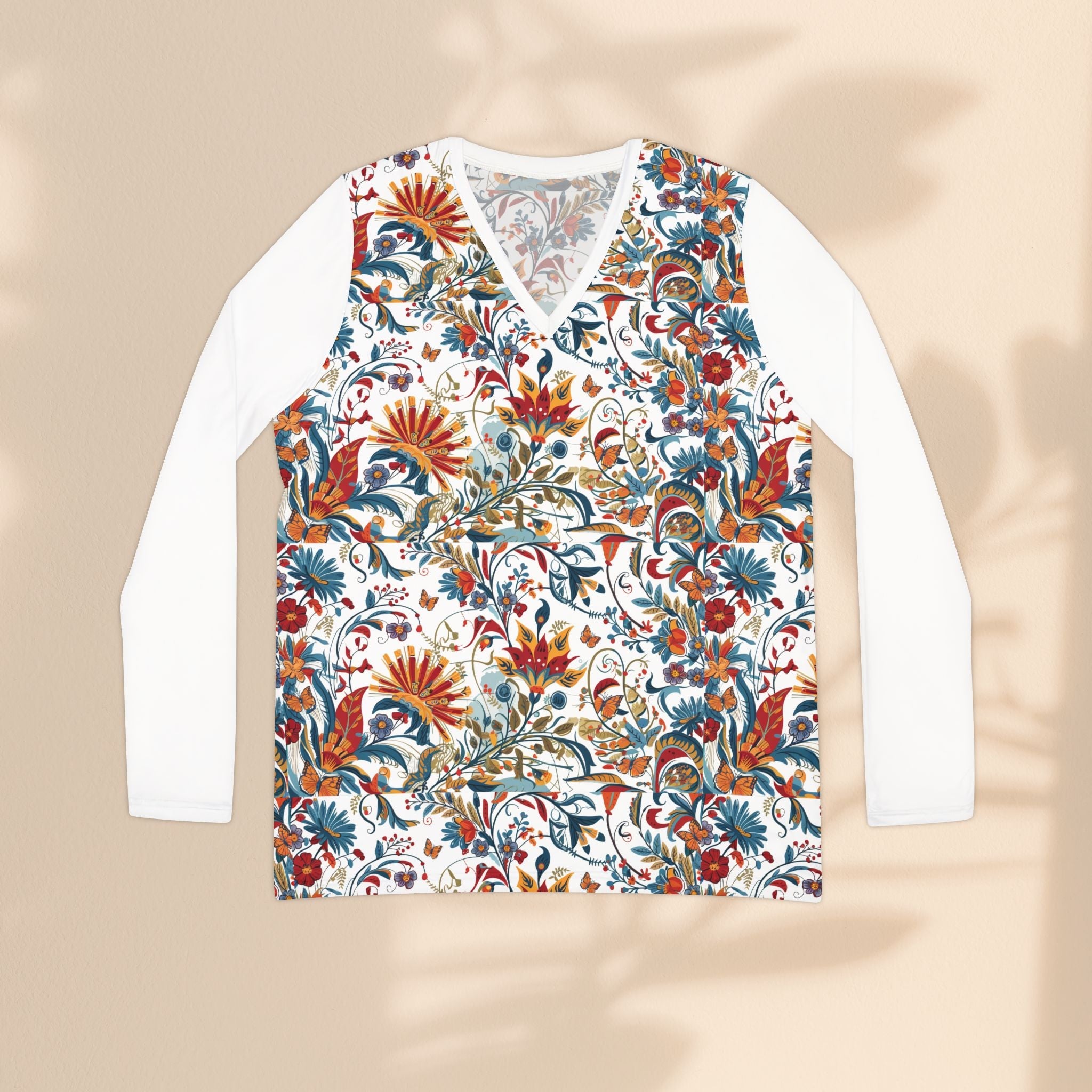 Floral V-Neck Long Sleeve Top — Boho Vintage Garden Print