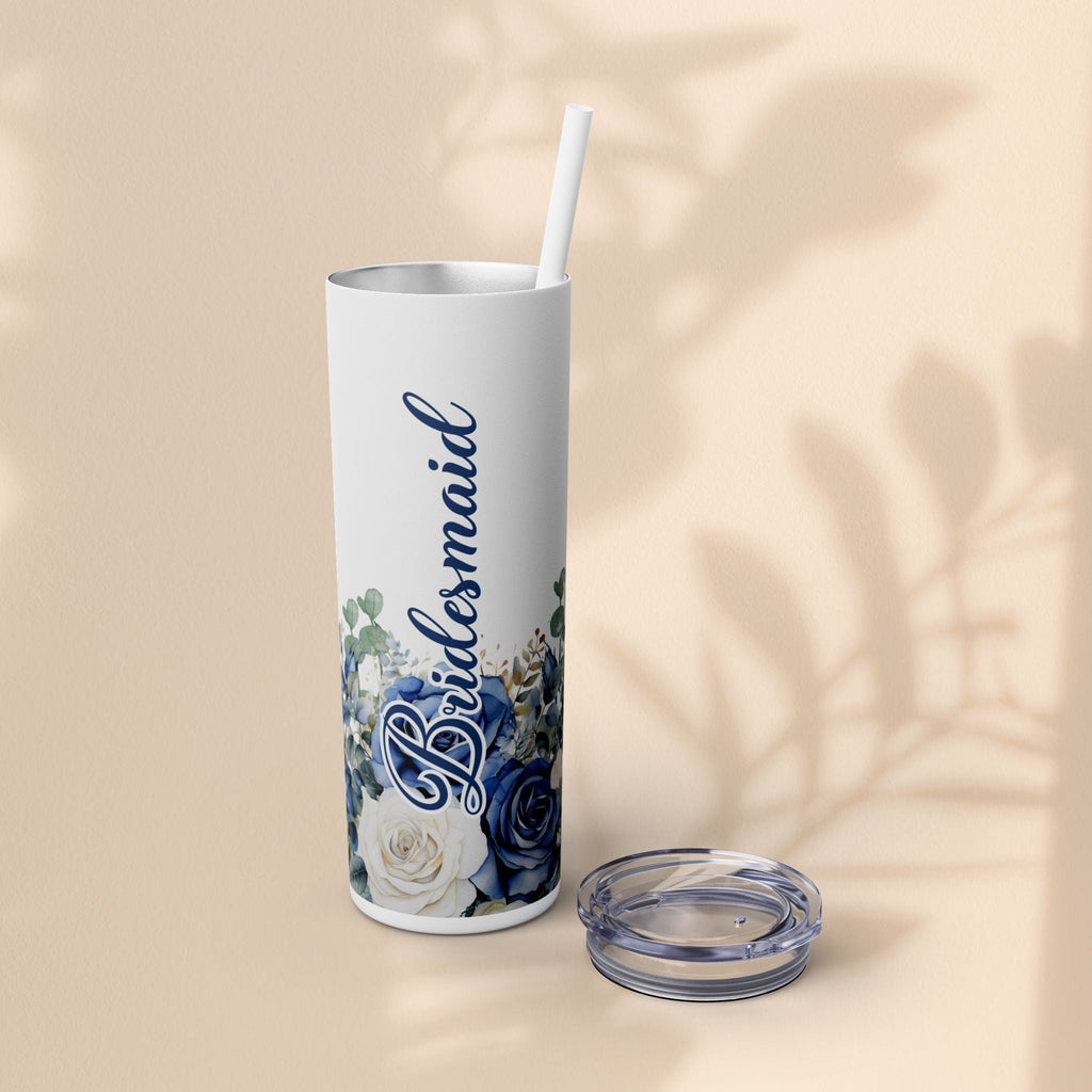 Bridesmaid Skinny Tumbler, 20oz Rose Floral Tumbler, Wedding Gift, Bridal Party, Customizable, Floral Tumbler