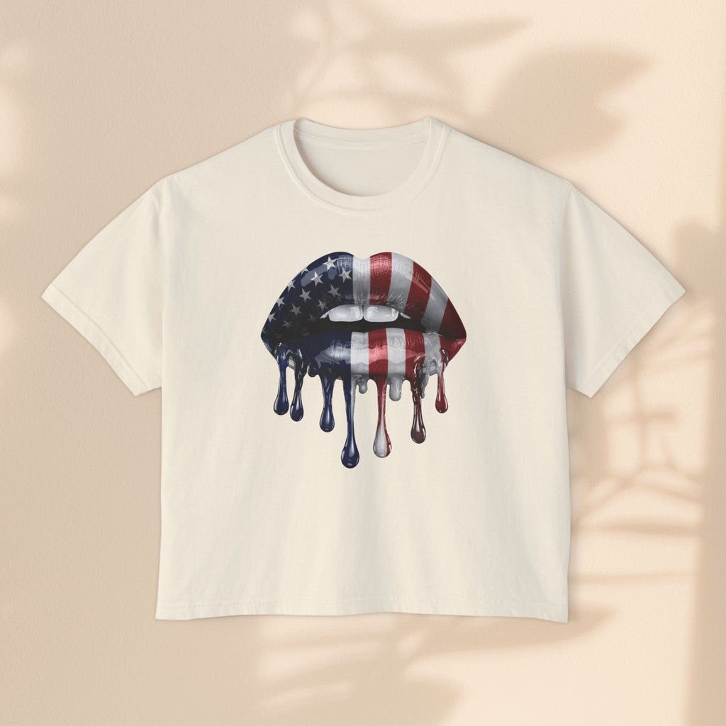 Patriotic Women's Boxy Tee with Dripping Lips Design