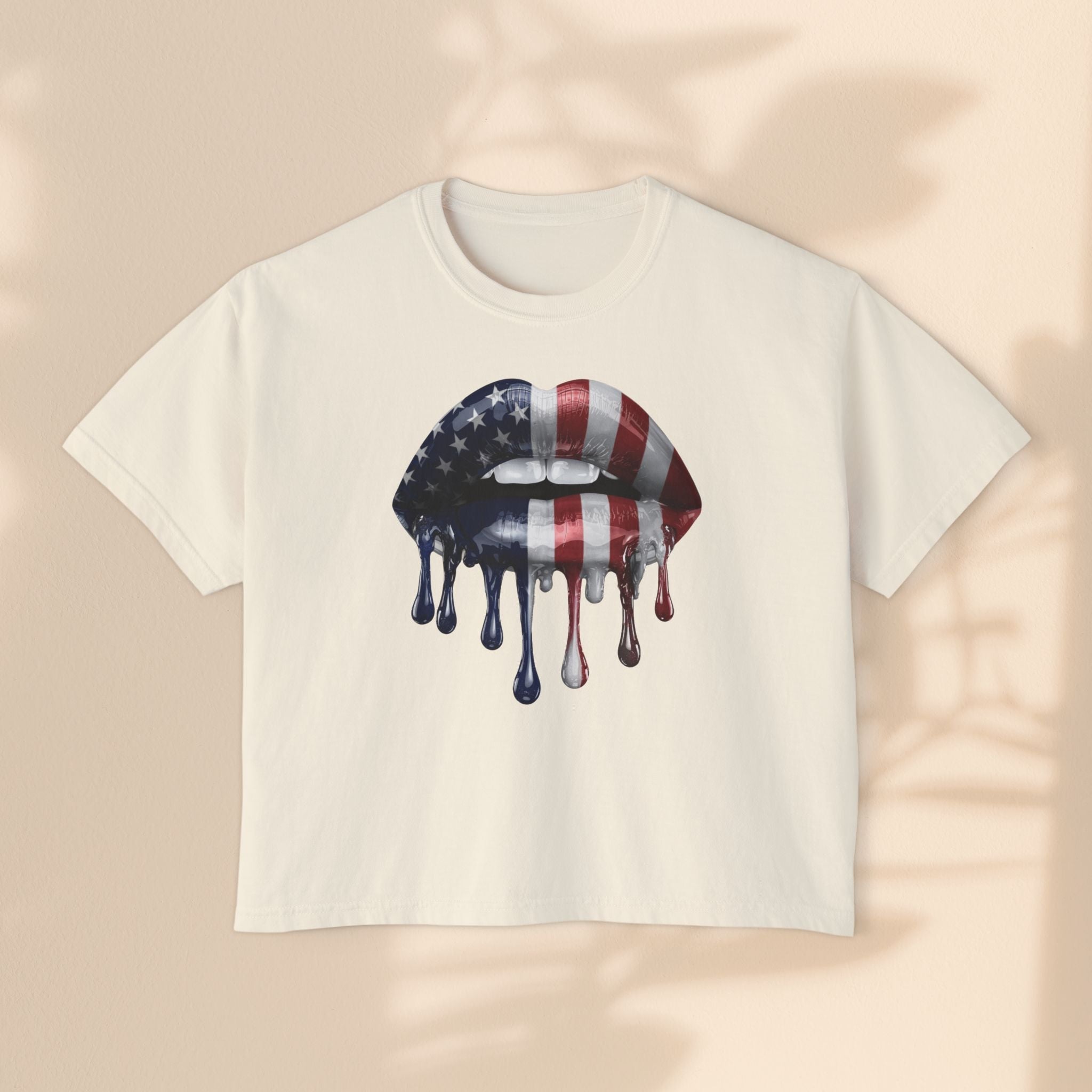 Patriotic Women's Boxy Tee with Dripping Lips Design