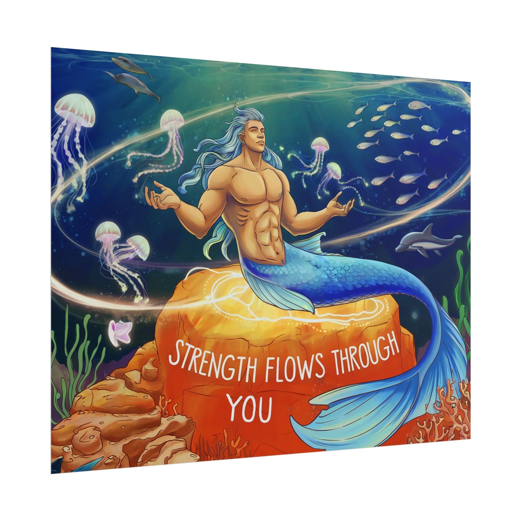Inspirational Merman Rolled Poster - 'Strength Flows Through You' Artwork for Ocean Lovers