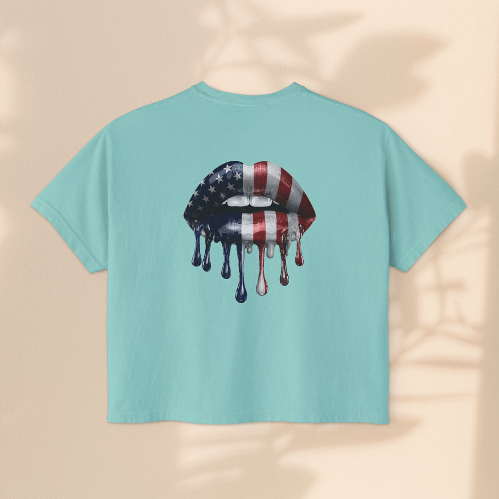 Patriotic Women's Boxy Tee with Dripping Lips Design
