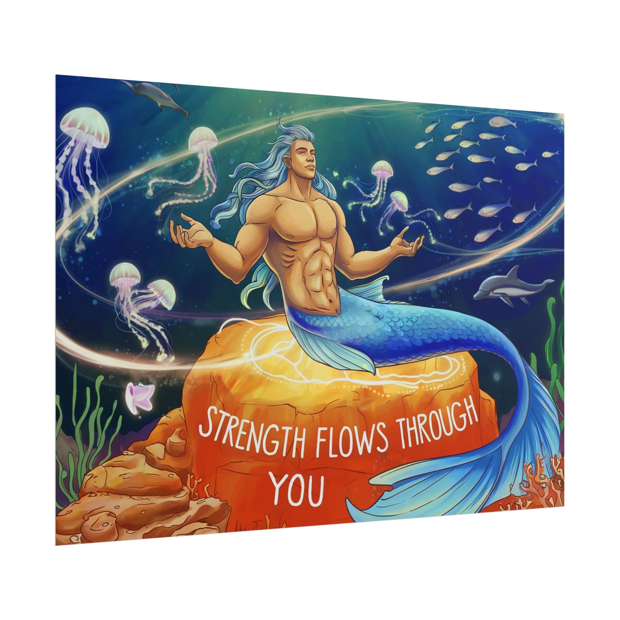 Inspirational Merman Rolled Poster - 'Strength Flows Through You' Artwork for Ocean Lovers