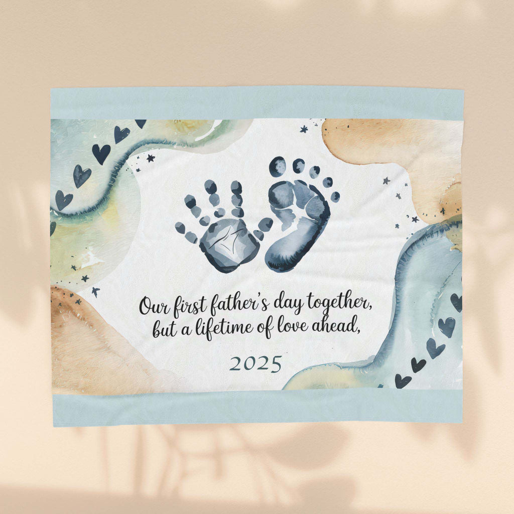 First Father's Day Velveteen Plush Blanket - Handprint Design for Baby's First Year