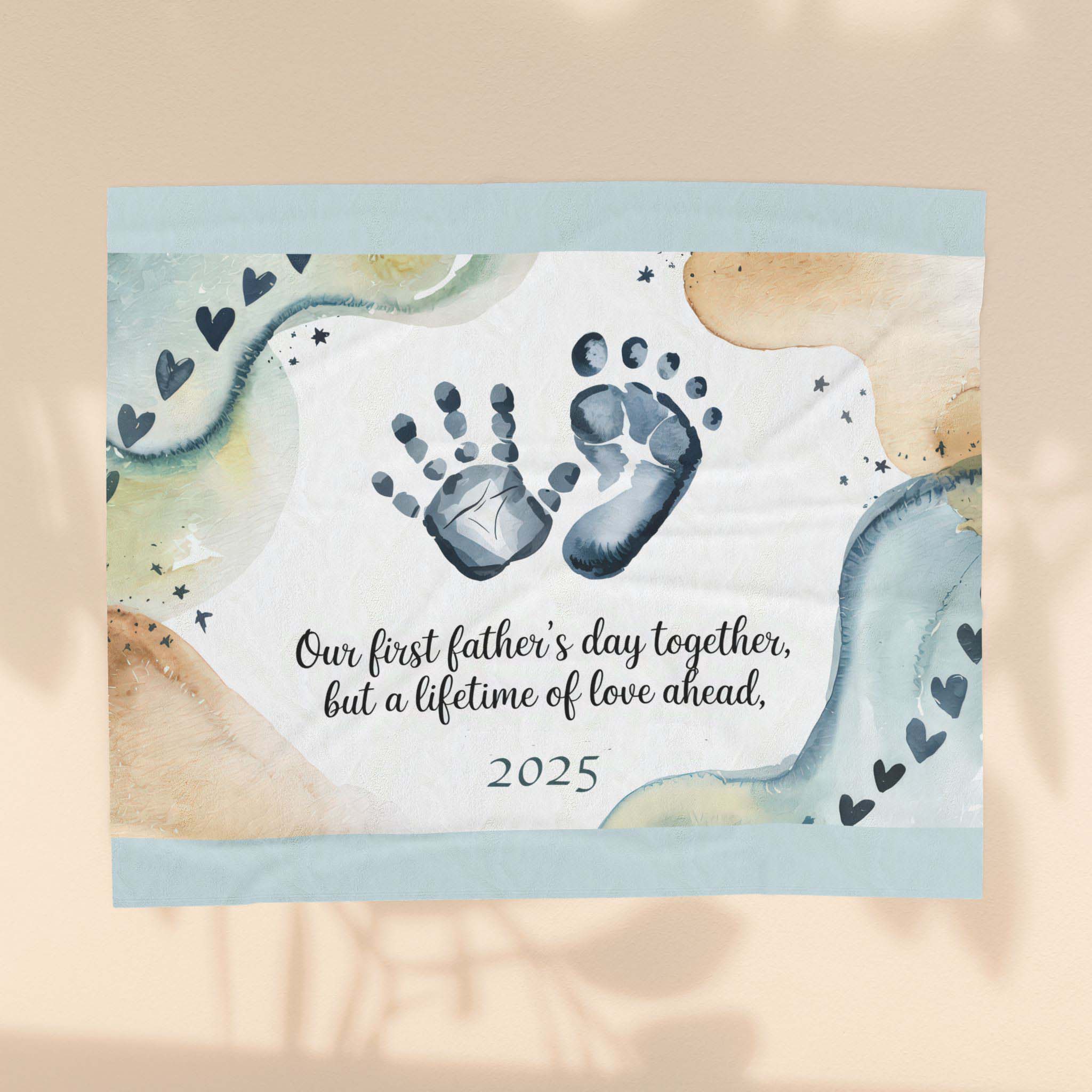 First Father's Day Velveteen Plush Blanket - Handprint Design for Baby's First Year