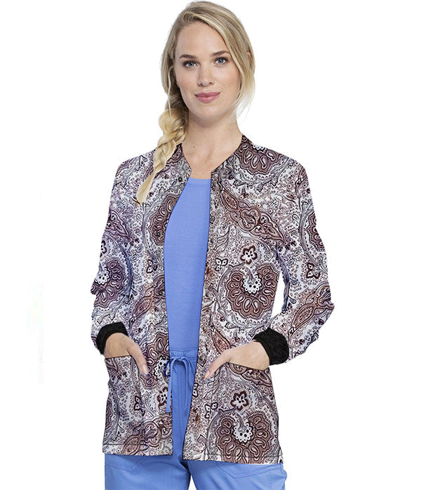 Poplin Unisex Scrub Jacket with Brown Paisley Print - 2 Pockets, Full Sleeves with Rib