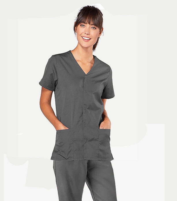 Stretch Women's Scrub Set Front Open with Snap Buttons - 4 Pockets, Half Sleeves (2-Pocket Top & 2-Pocket Boot Cut Pant)